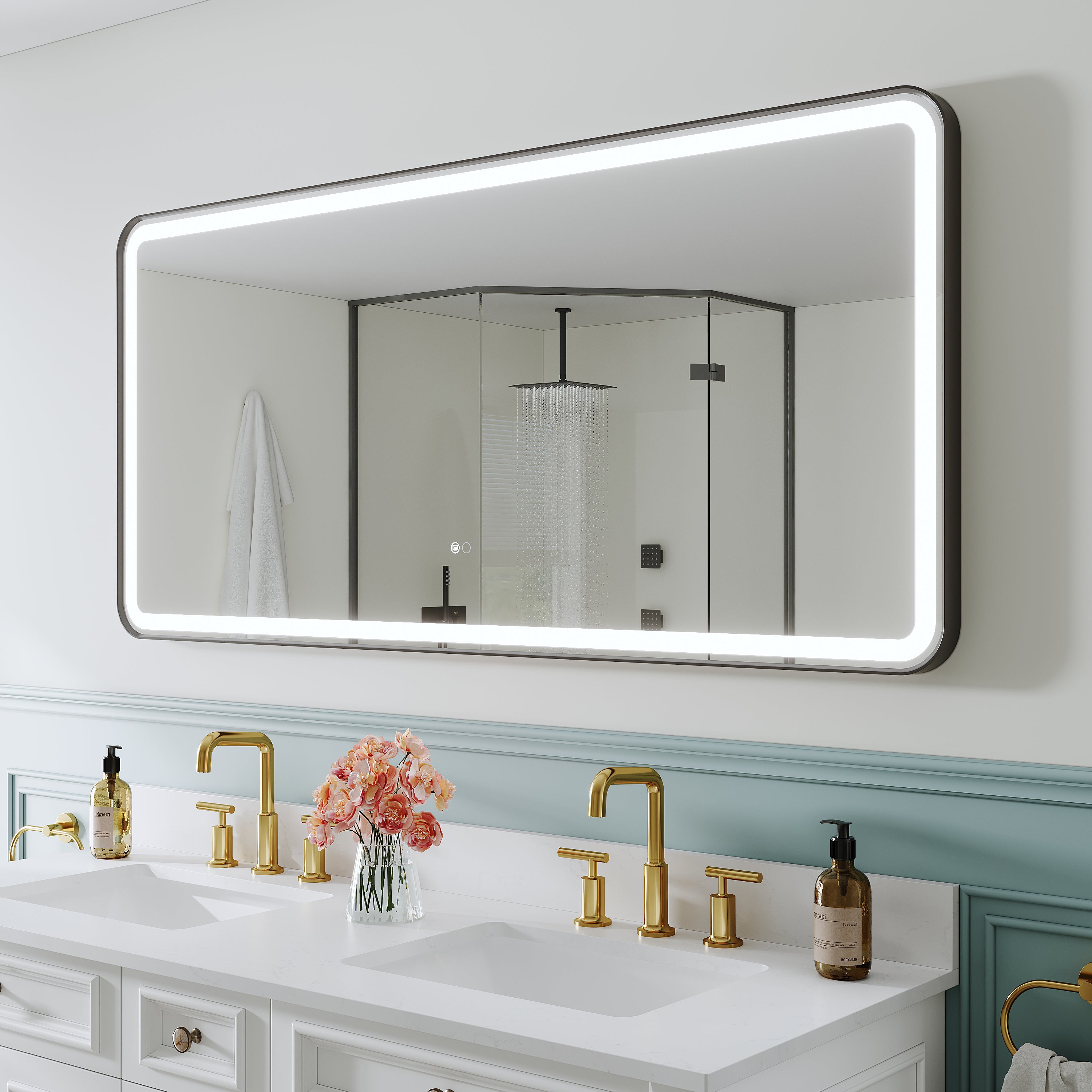 60 in. W x 28 in. H Framed LED Light Bathroom Vanity Mirror - Round Corners in Black