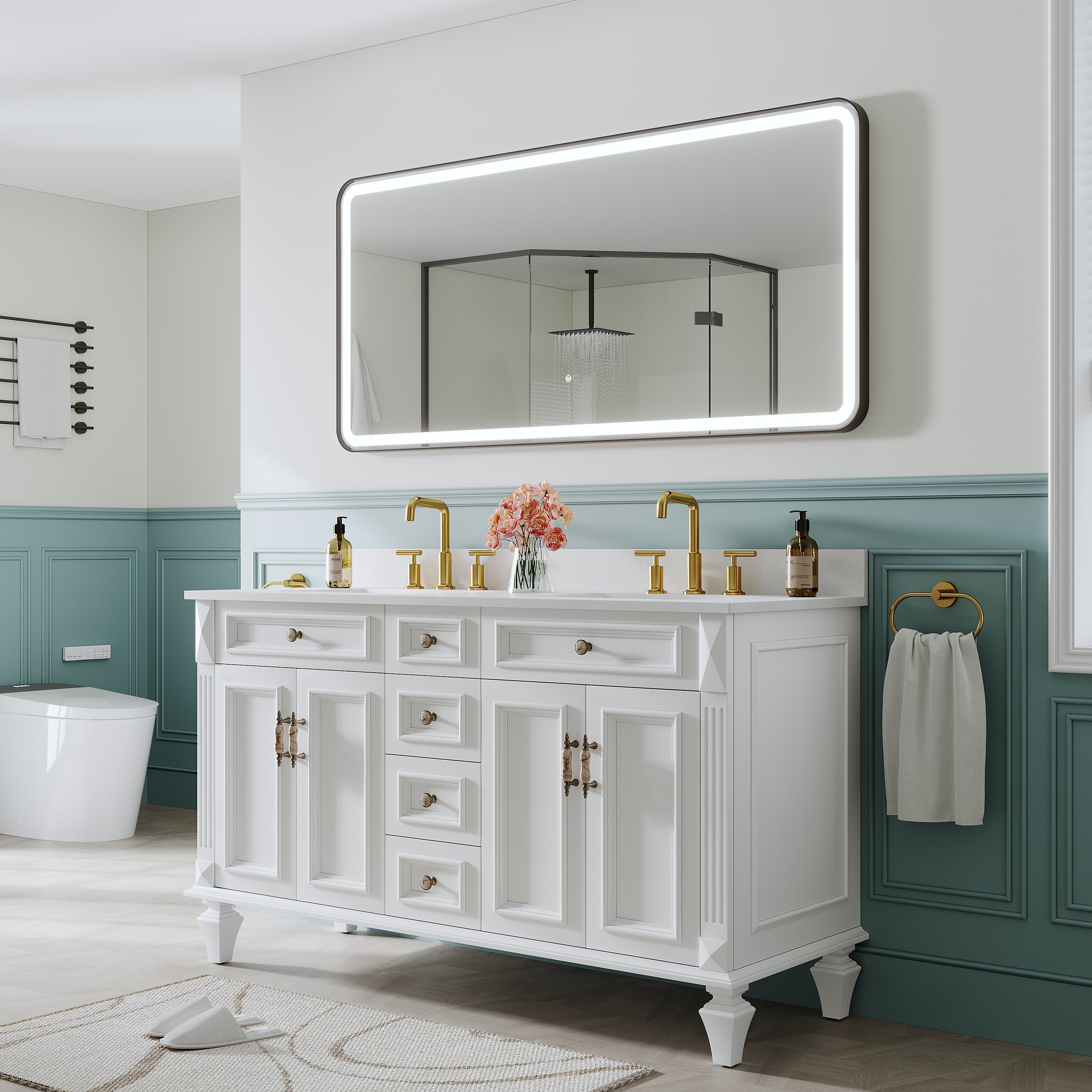 60 in. W x 28 in. H Framed LED Light Bathroom Vanity Mirror - Round Corners in Black