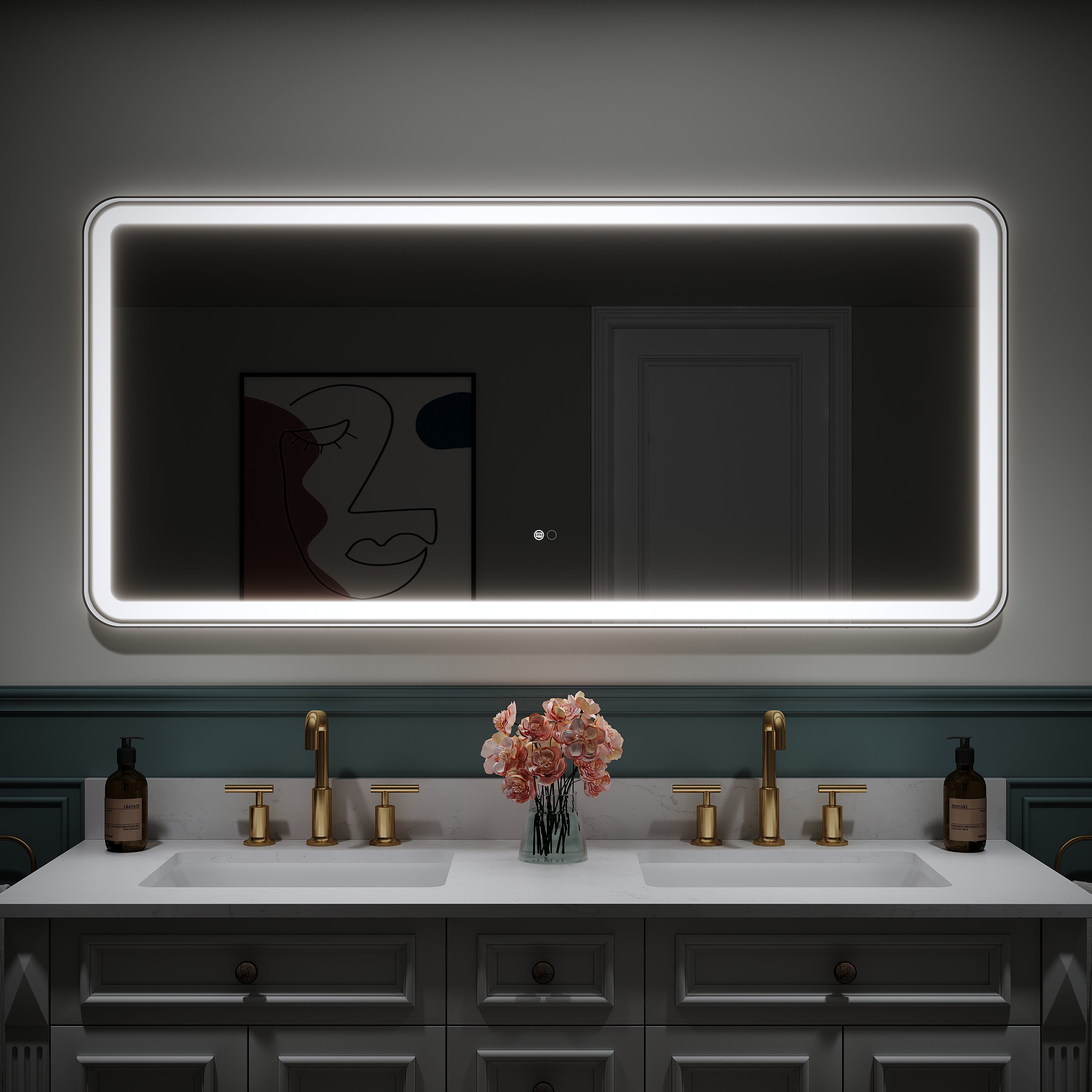 60 in. W x 28 in. H Framed LED Light Bathroom Vanity Mirror - Round Corners in Black