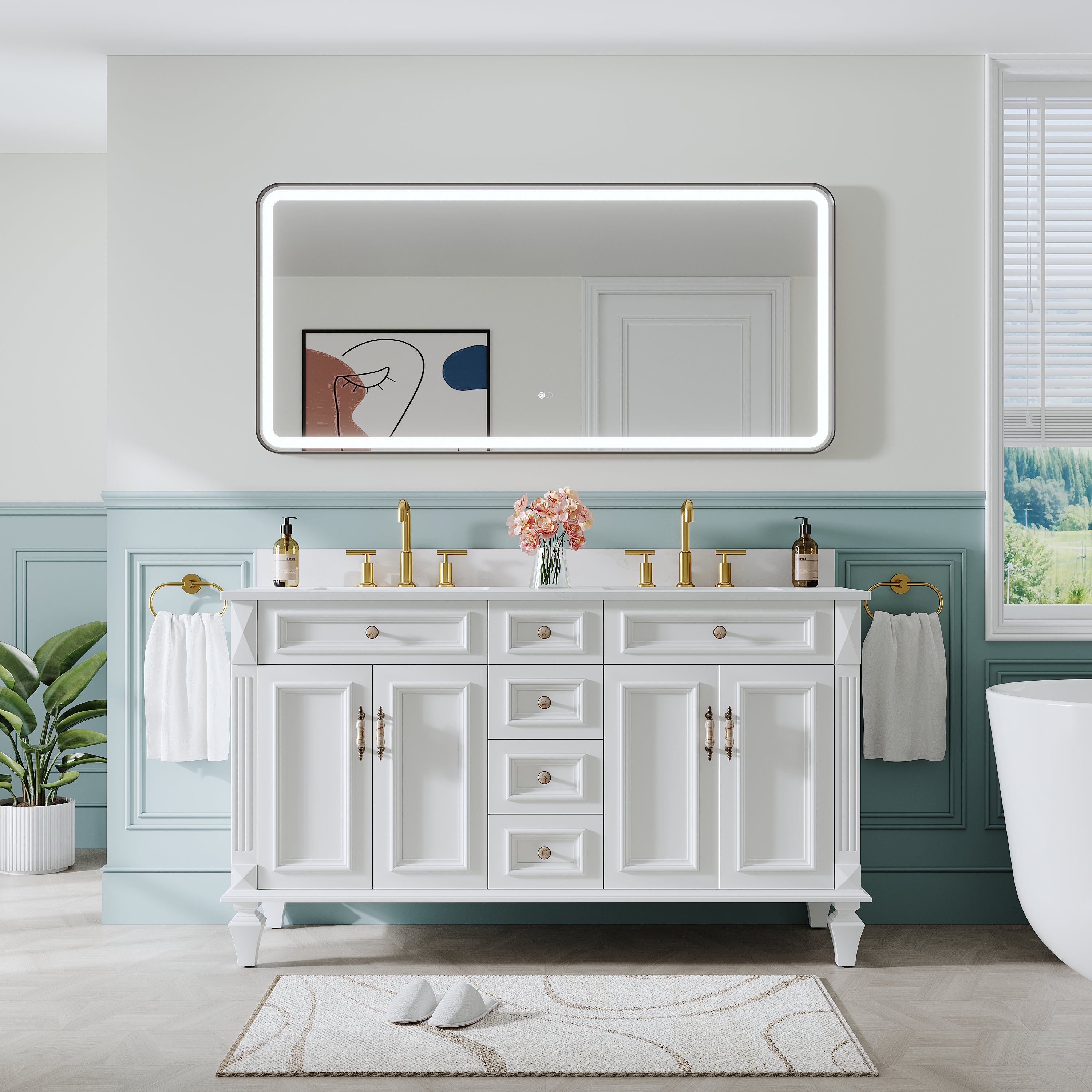 60 in. W x 28 in. H Framed LED Light Bathroom Vanity Mirror - Round Corners in Black