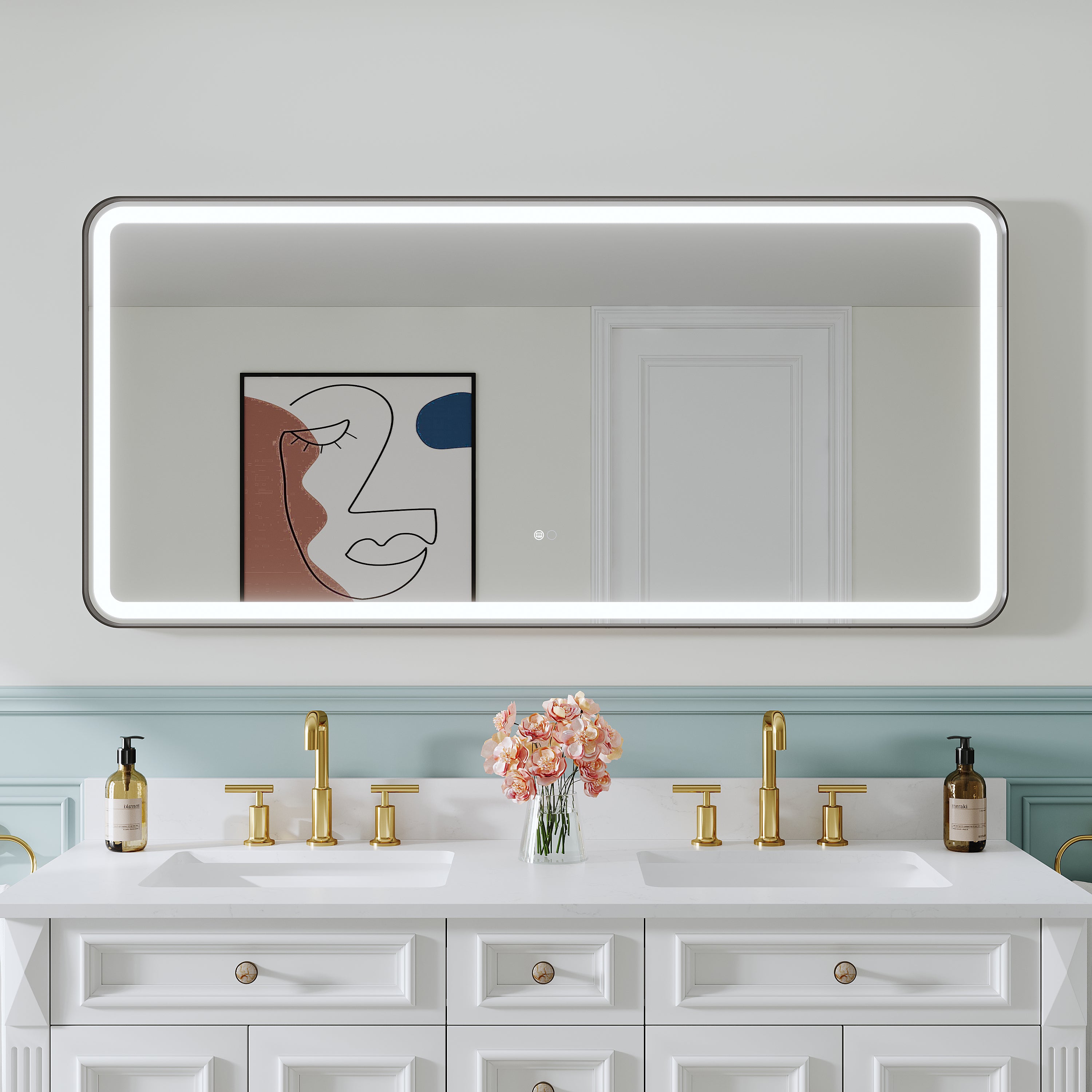 60 in. W x 28 in. H Framed LED Light Bathroom Vanity Mirror - Round Corners in Black