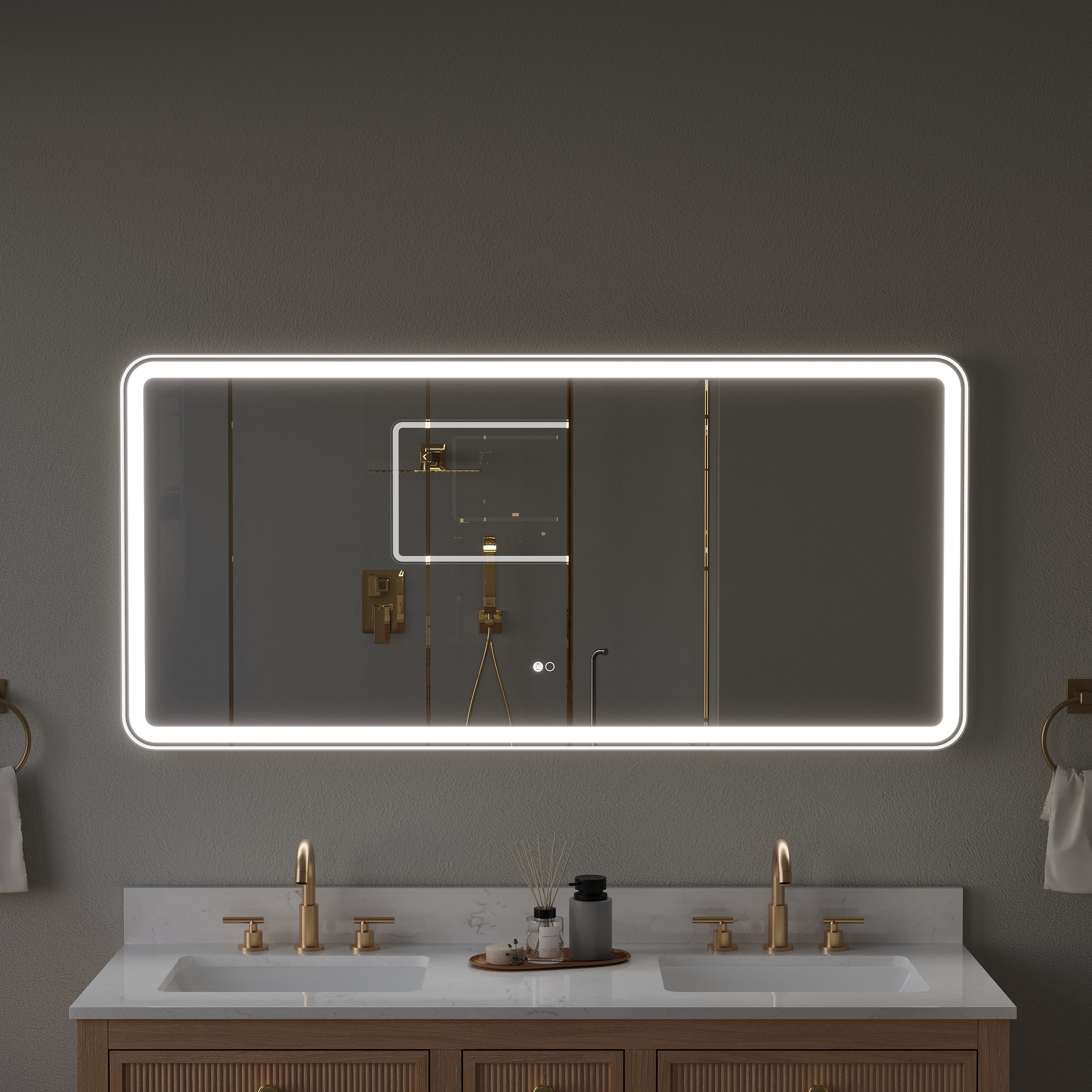 60 in. W x 28 in. H Framed LED Light Bathroom Vanity Mirror - Round Corners in White