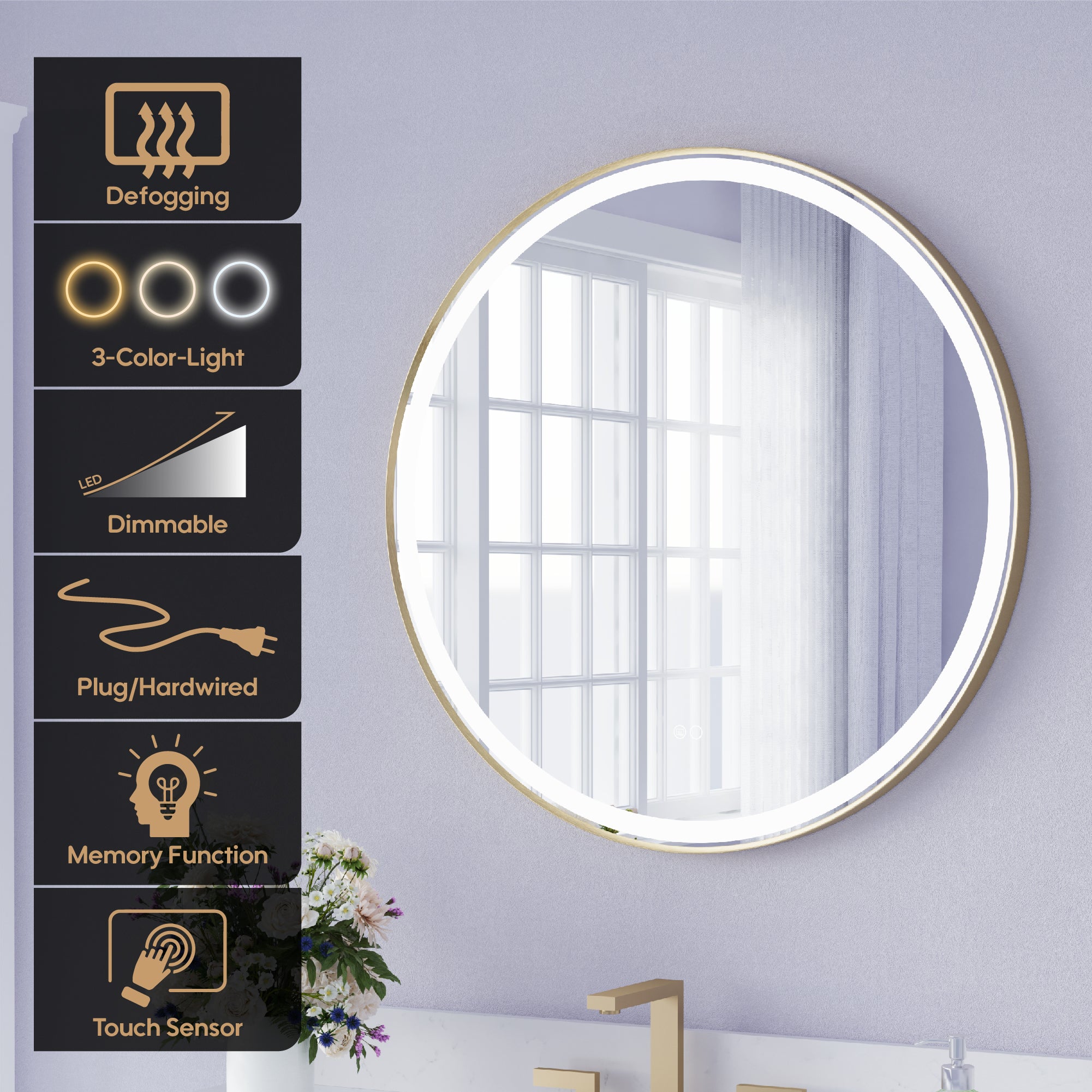 32 in. W x 32 in. H Framed Round LED Light Bathroom Vanity Mirror in Brushed Gold