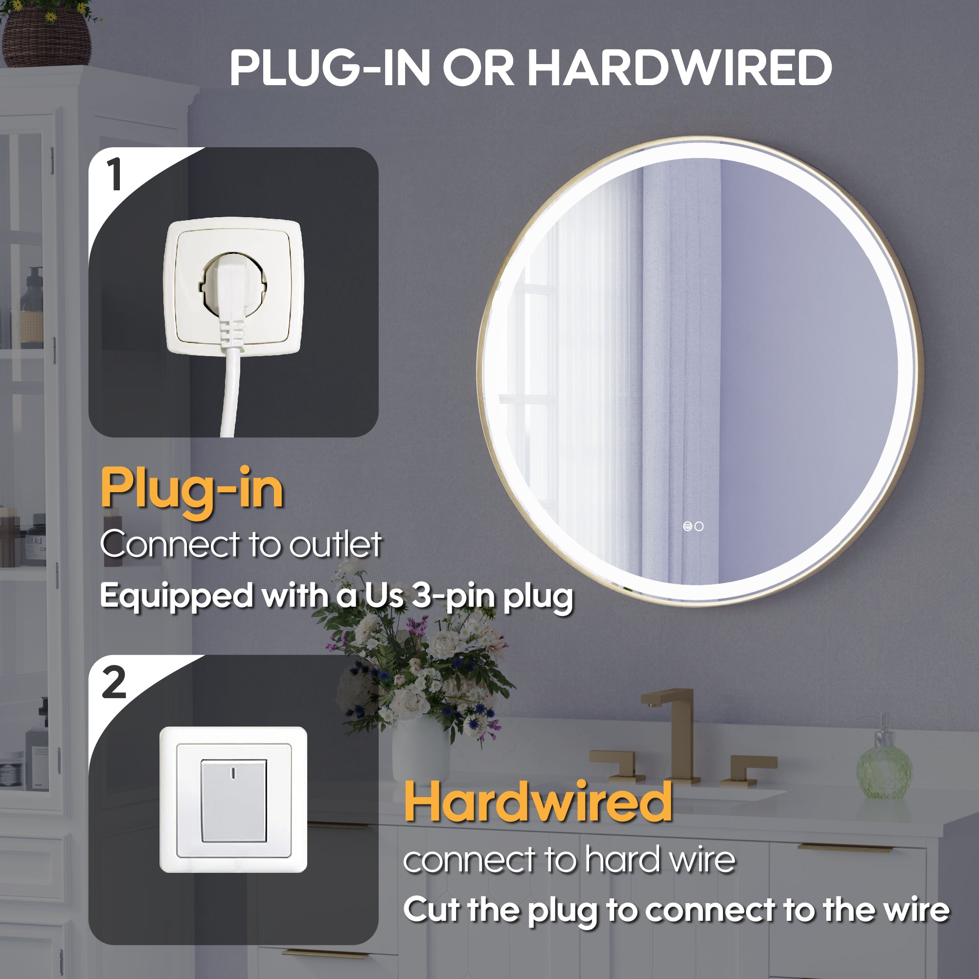 32 in. W x 32 in. H Framed Round LED Light Bathroom Vanity Mirror in Brushed Gold