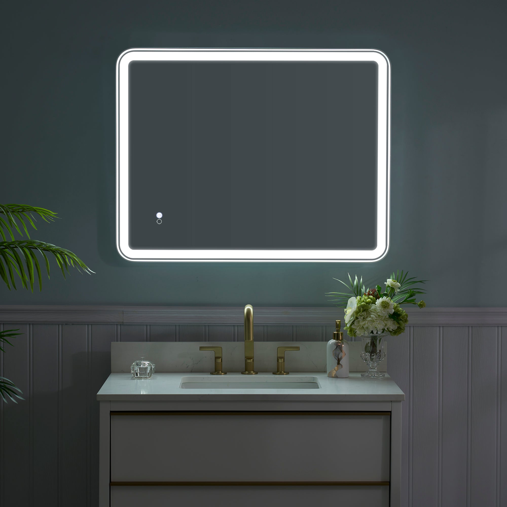 28 in. W x 36 in. H Framed LED Light Bathroom Vanity Mirror - Round Corners in White