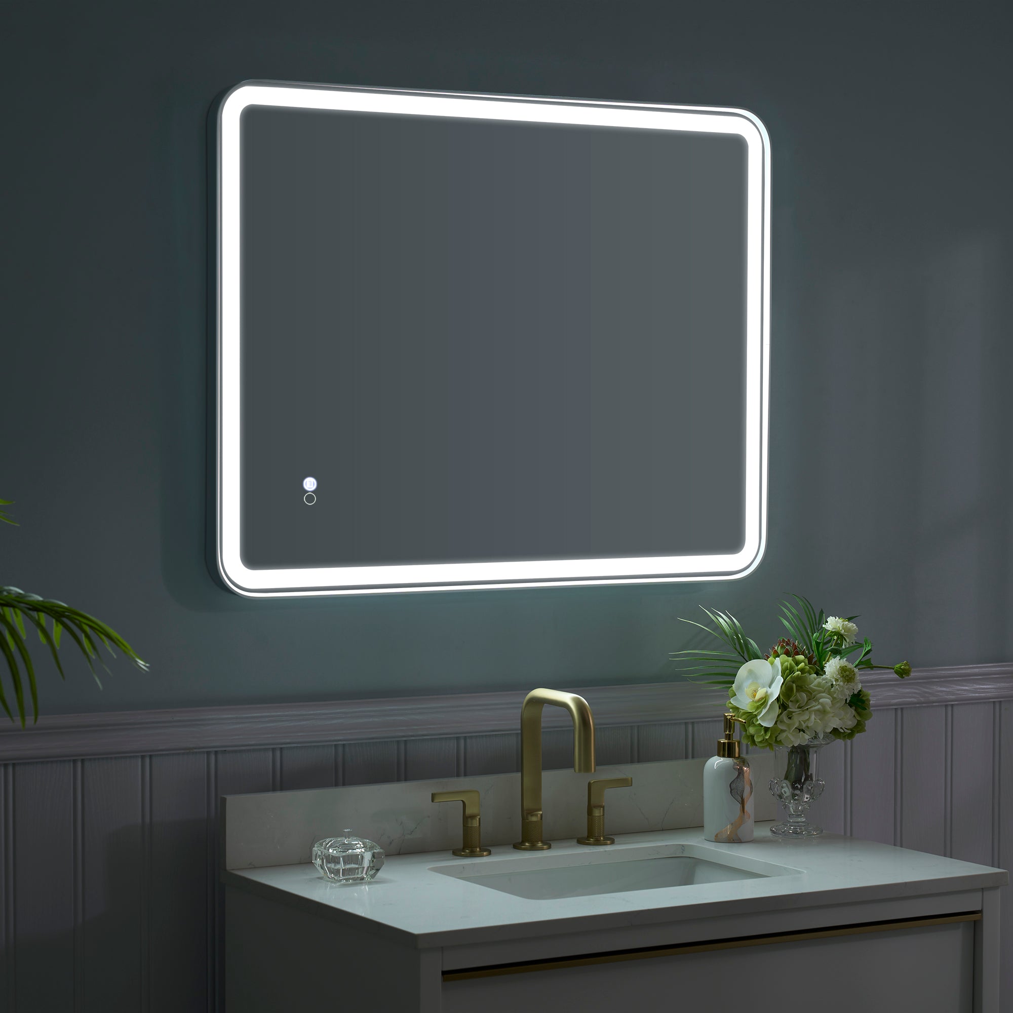 28 in. W x 36 in. H Framed LED Light Bathroom Vanity Mirror - Round Corners in White