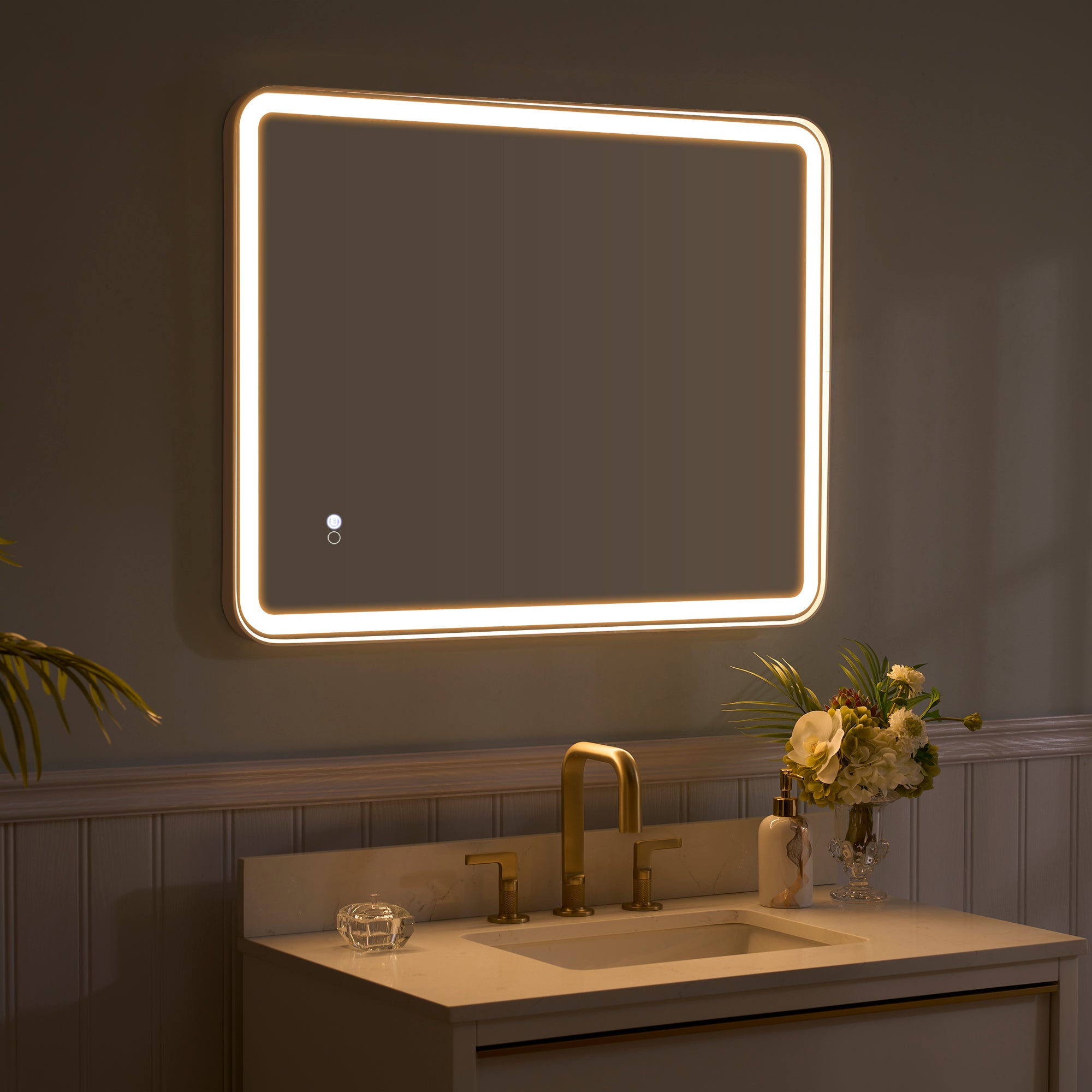 28 in. W x 36 in. H Framed LED Light Bathroom Vanity Mirror - Round Corners in White