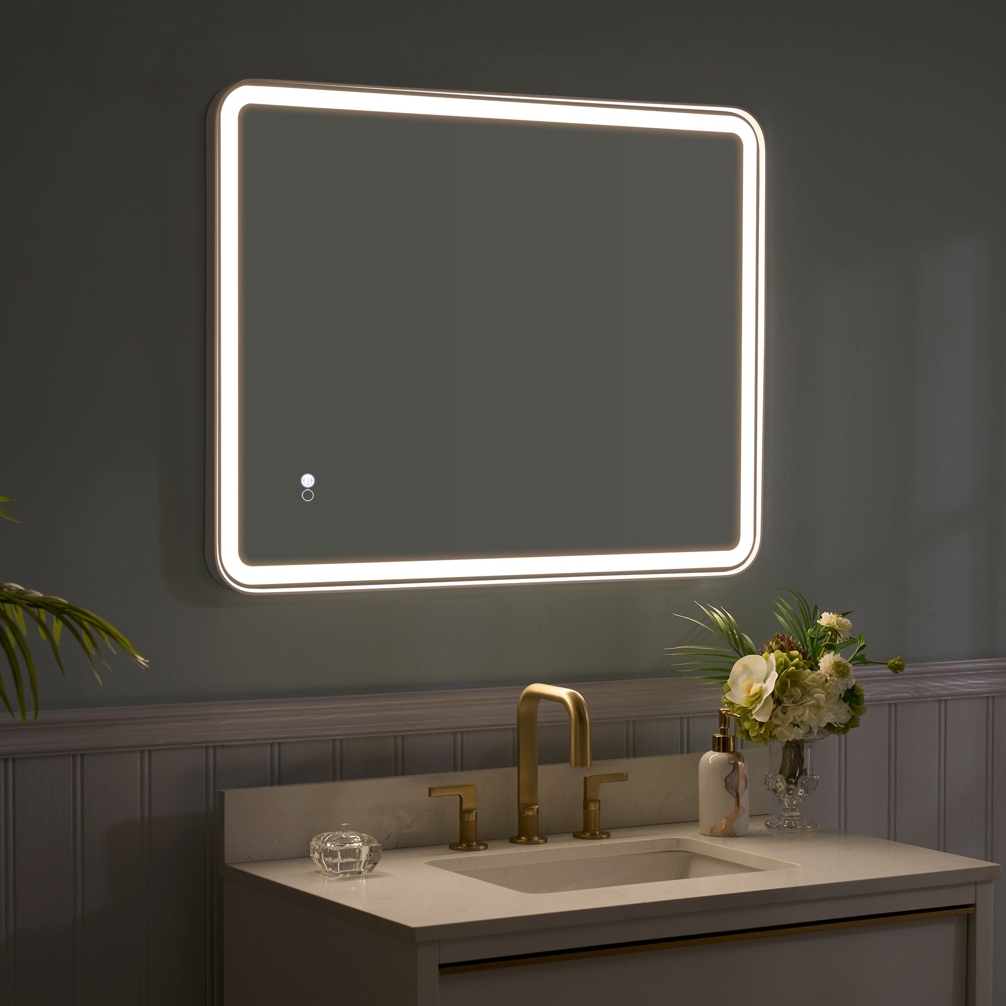 28 in. W x 36 in. H Framed LED Light Bathroom Vanity Mirror - Round Corners in White
