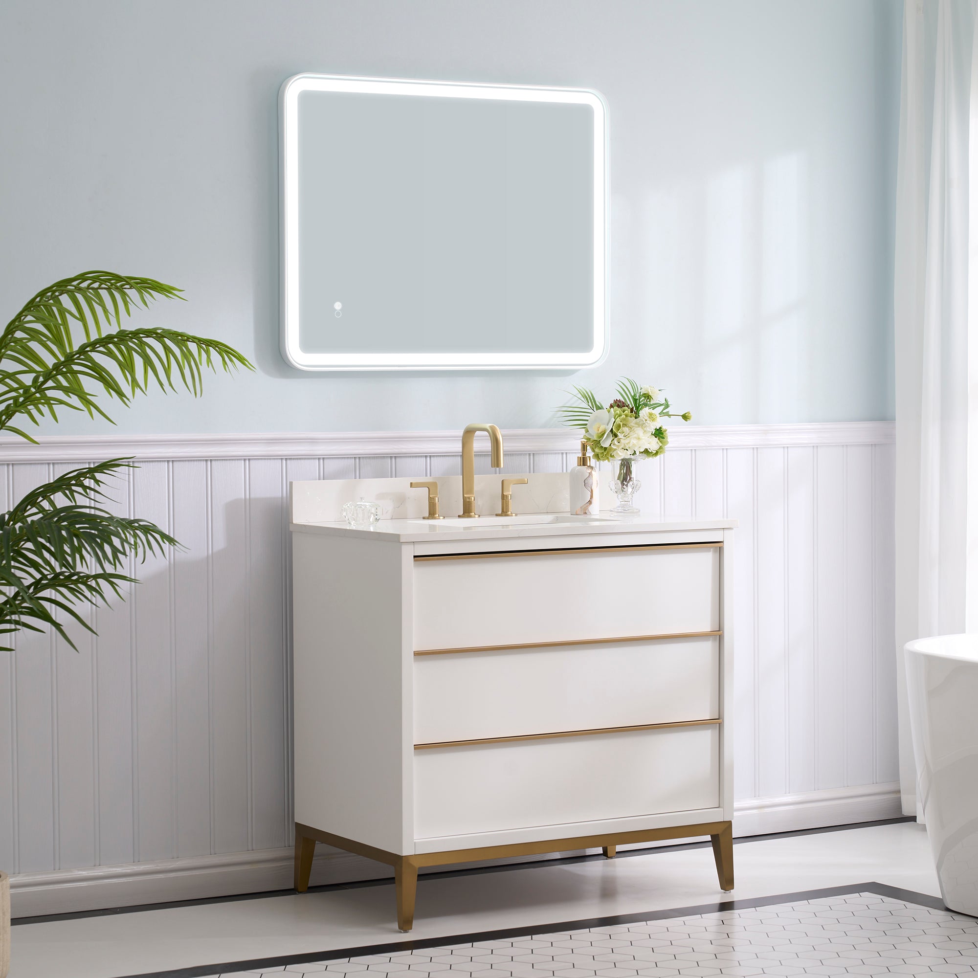 28 in. W x 36 in. H Framed LED Light Bathroom Vanity Mirror - Round Corners in White