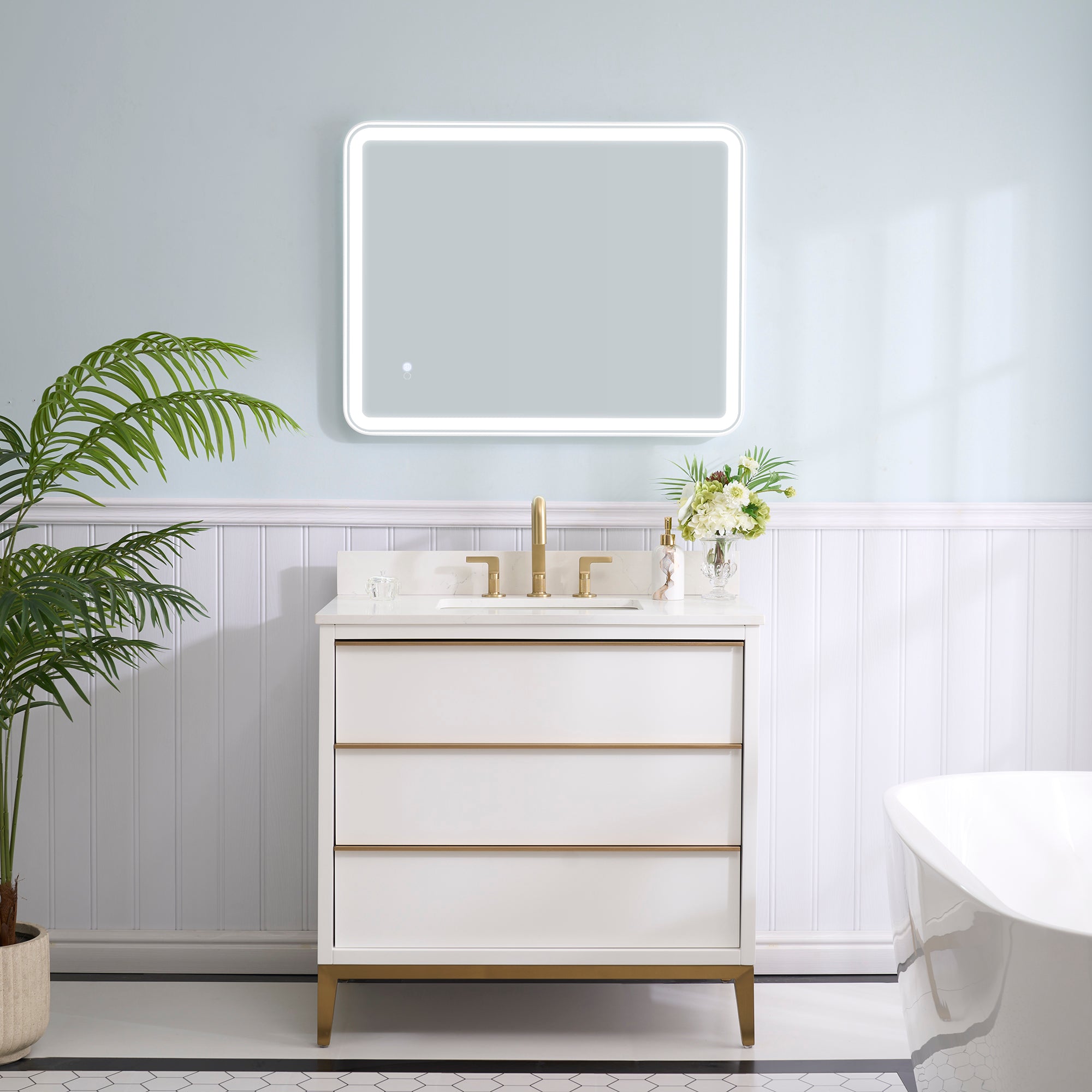 28 in. W x 36 in. H Framed LED Light Bathroom Vanity Mirror - Round Corners in White