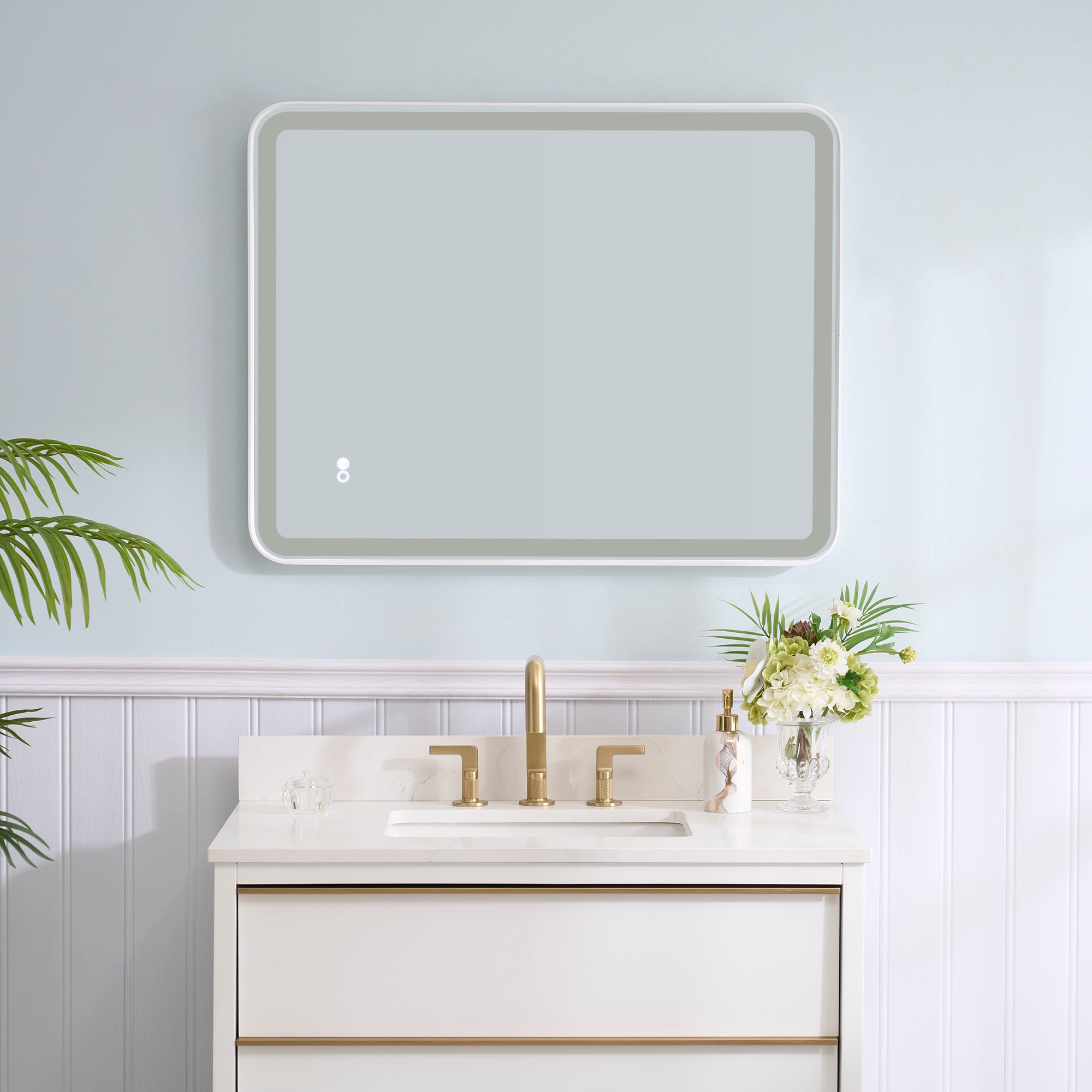 28 in. W x 36 in. H Framed LED Light Bathroom Vanity Mirror - Round Corners in White