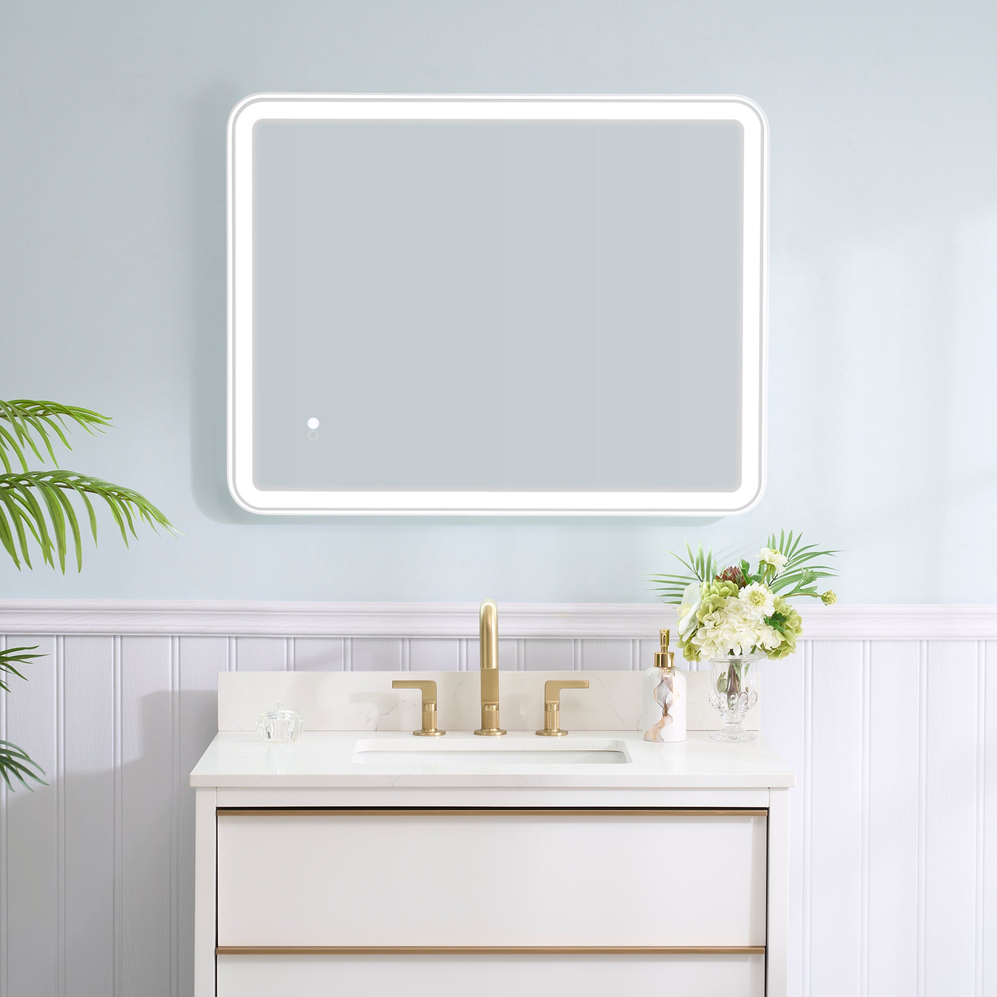 28 in. W x 36 in. H Framed LED Light Bathroom Vanity Mirror - Round Corners in White