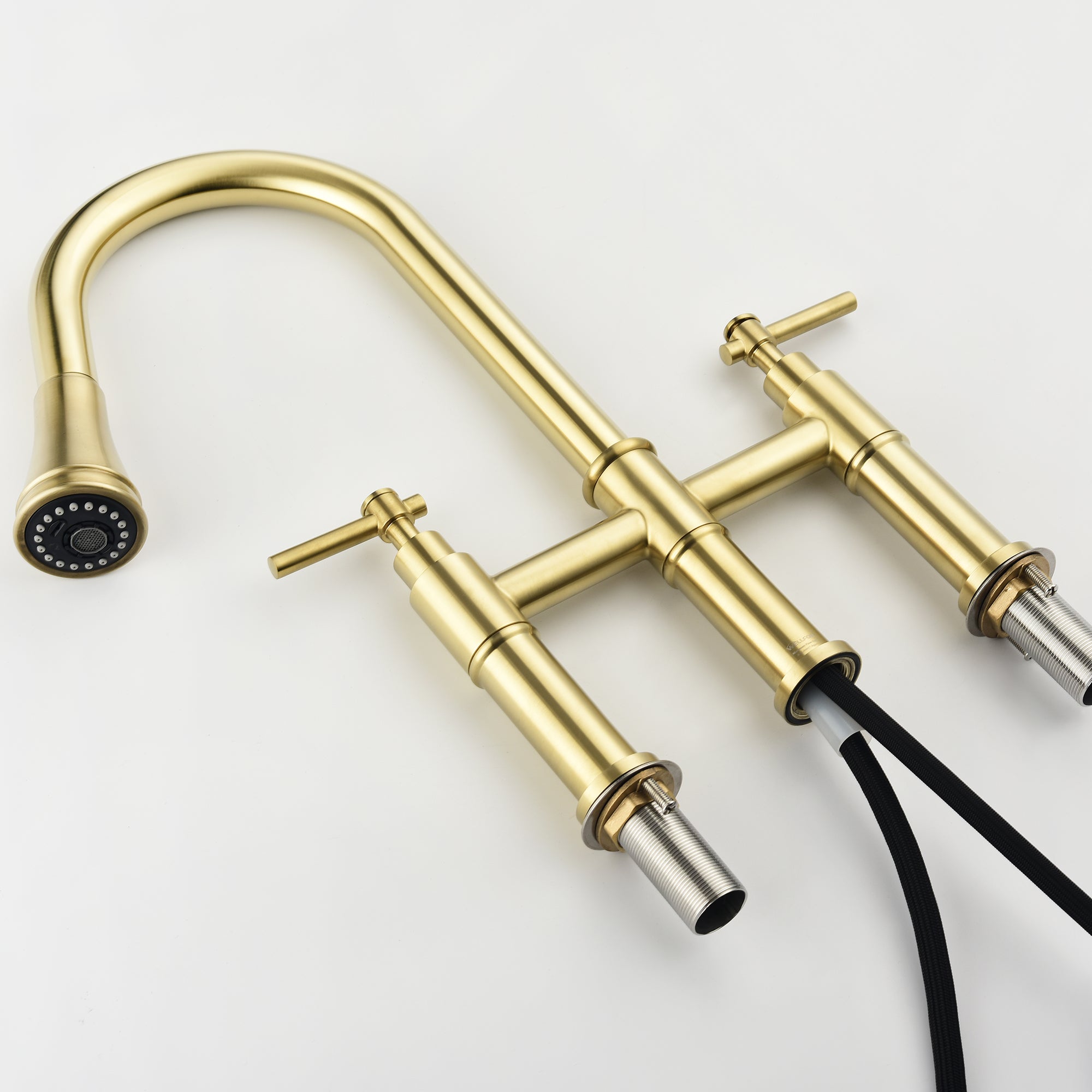 Double Handle Bridge Kitchen Faucet with Pull-Down Sprayhead