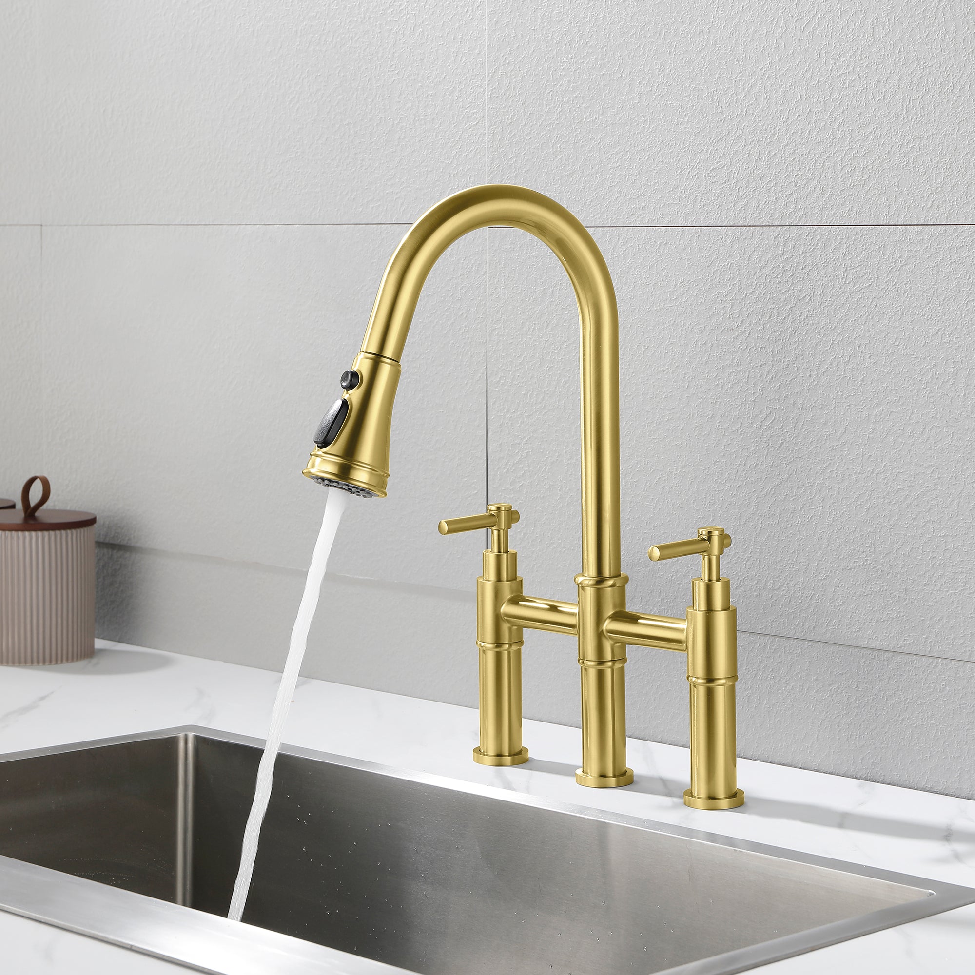 Double Handle Bridge Kitchen Faucet with Pull-Down Sprayhead