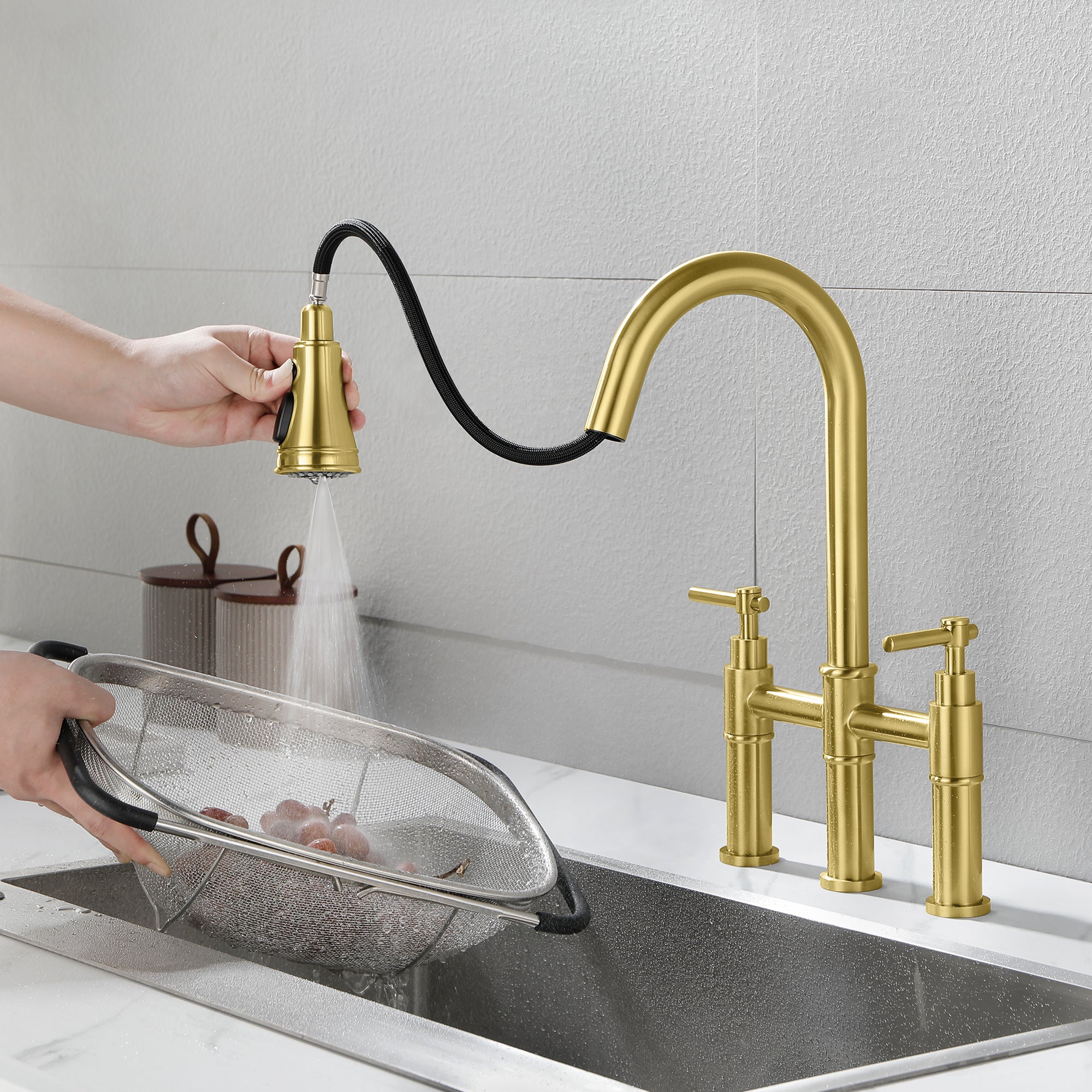 Double Handle Bridge Kitchen Faucet with Pull-Down Sprayhead