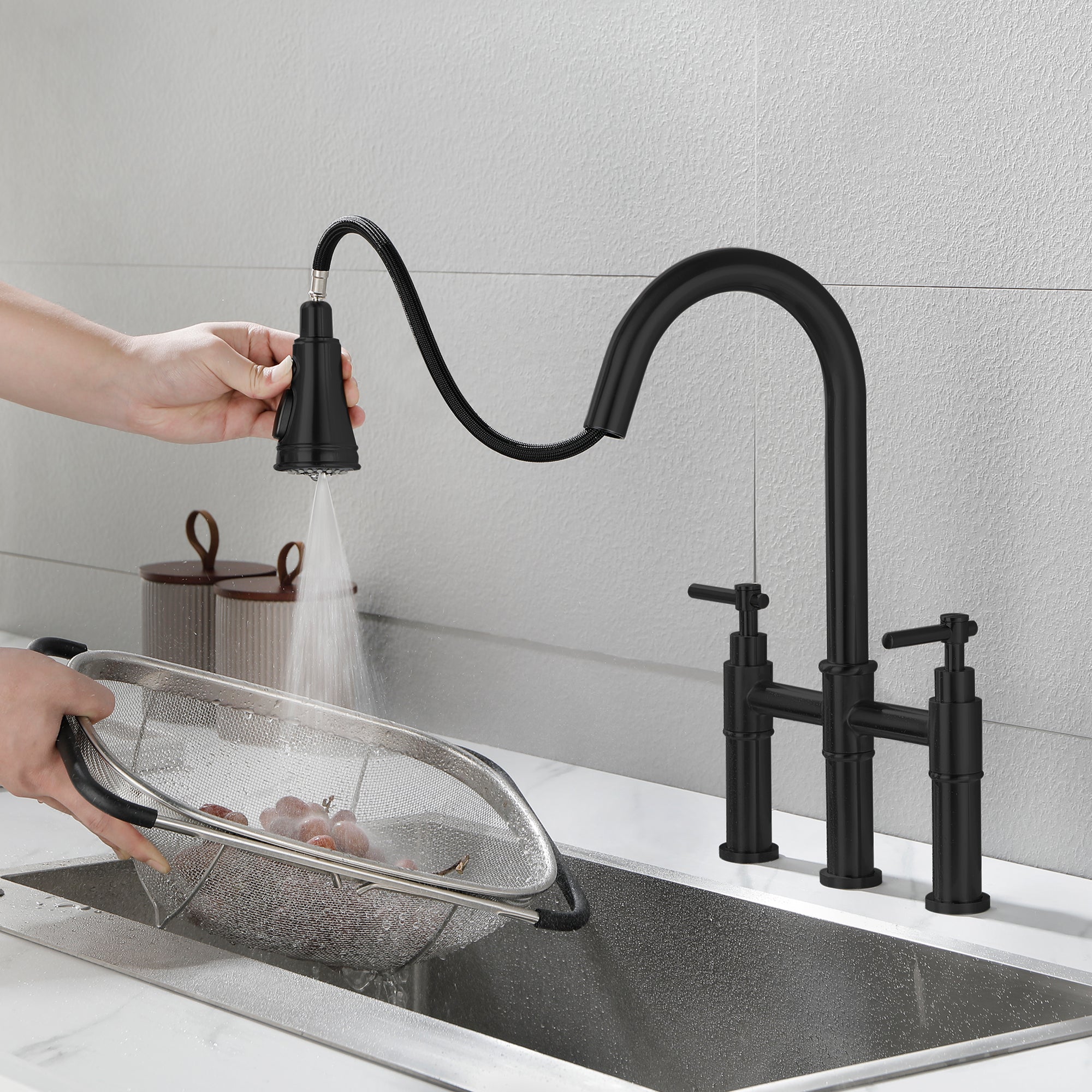 Double Handle Bridge Kitchen Faucet with Pull-Down Sprayhead