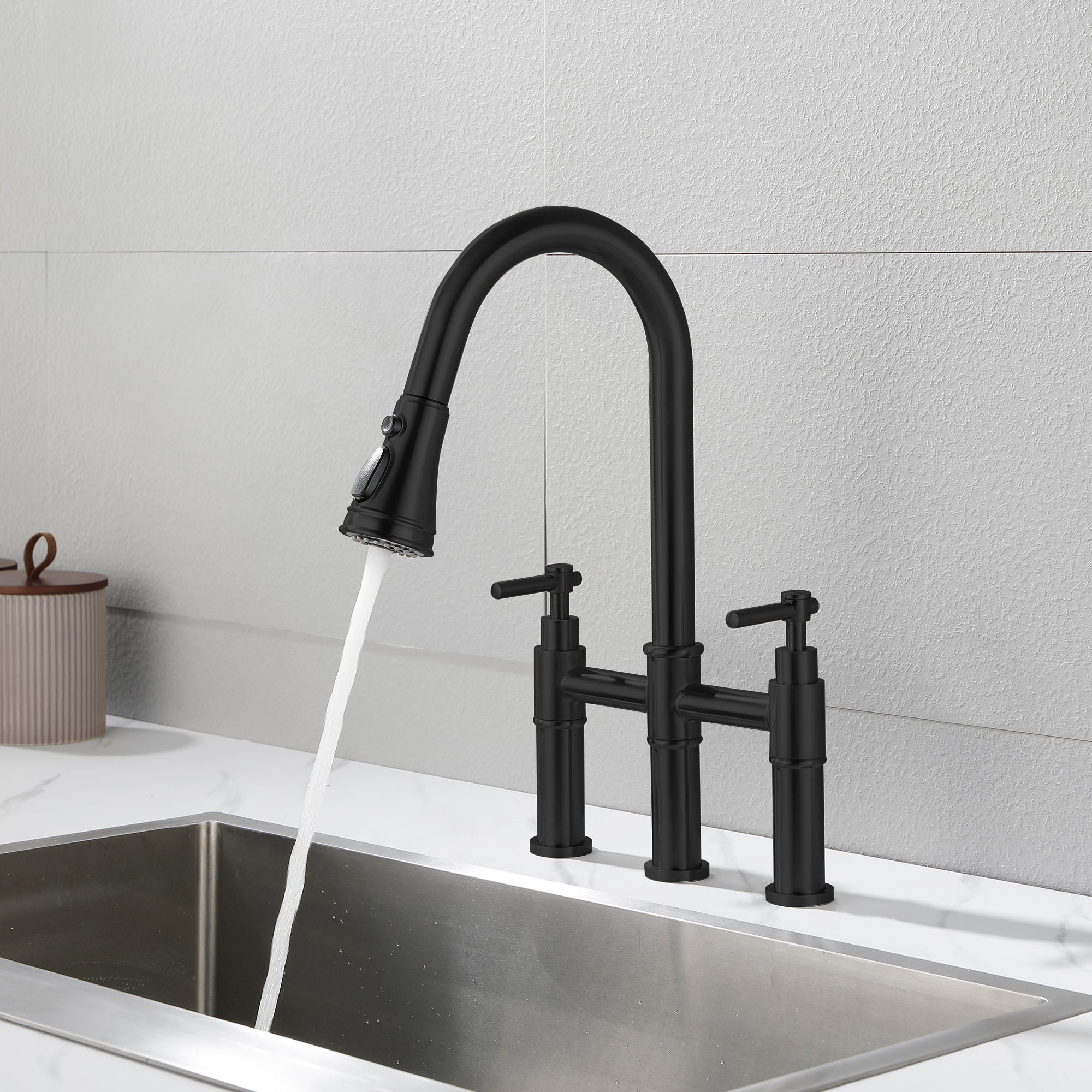 Double Handle Bridge Kitchen Faucet with Pull-Down Sprayhead