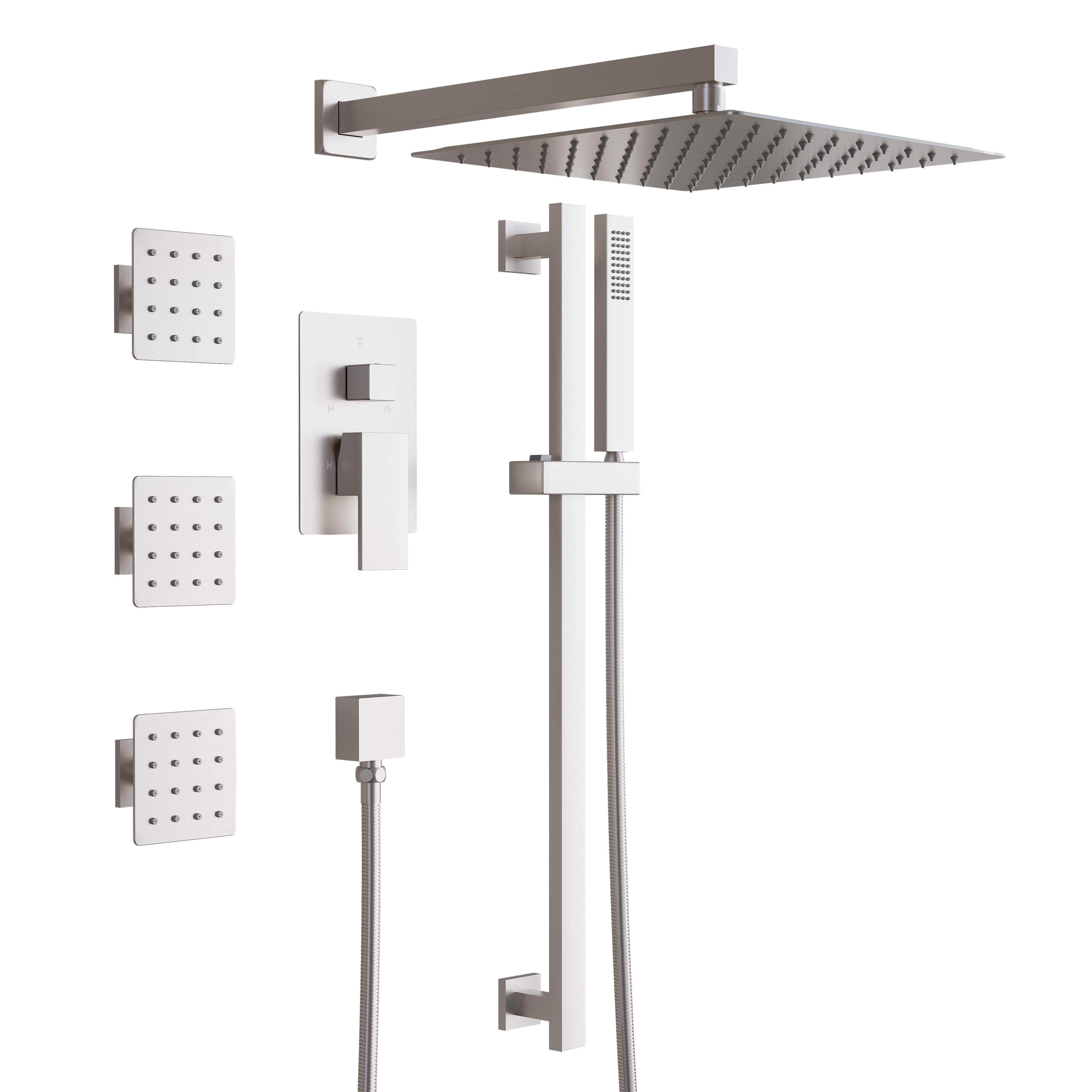 3-Function 12-Inch Square Shower System with Rain Head, Sliding Bar & Body Jets, Concealed Pressure Balance Valve, 304 Stainless Steel