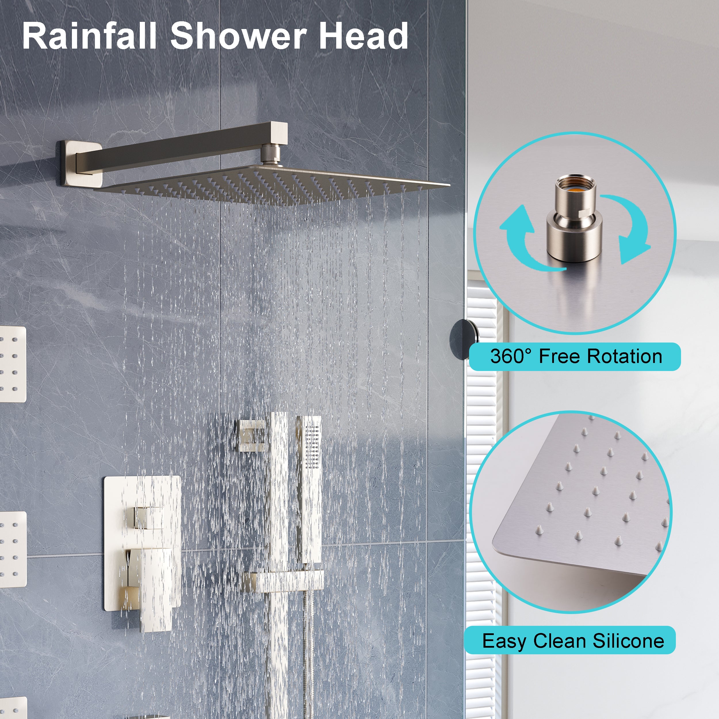3-Function 12-Inch Square Shower System with Rain Head, Sliding Bar & Body Jets, Concealed Pressure Balance Valve, 304 Stainless Steel