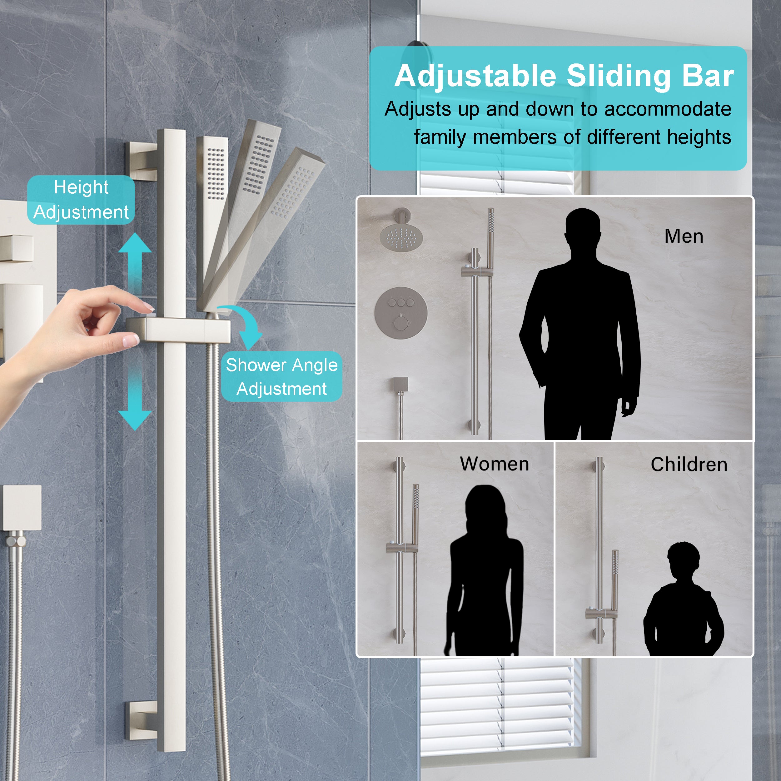 3-Function 12-Inch Square Shower System with Rain Head, Sliding Bar & Body Jets, Concealed Pressure Balance Valve, 304 Stainless Steel