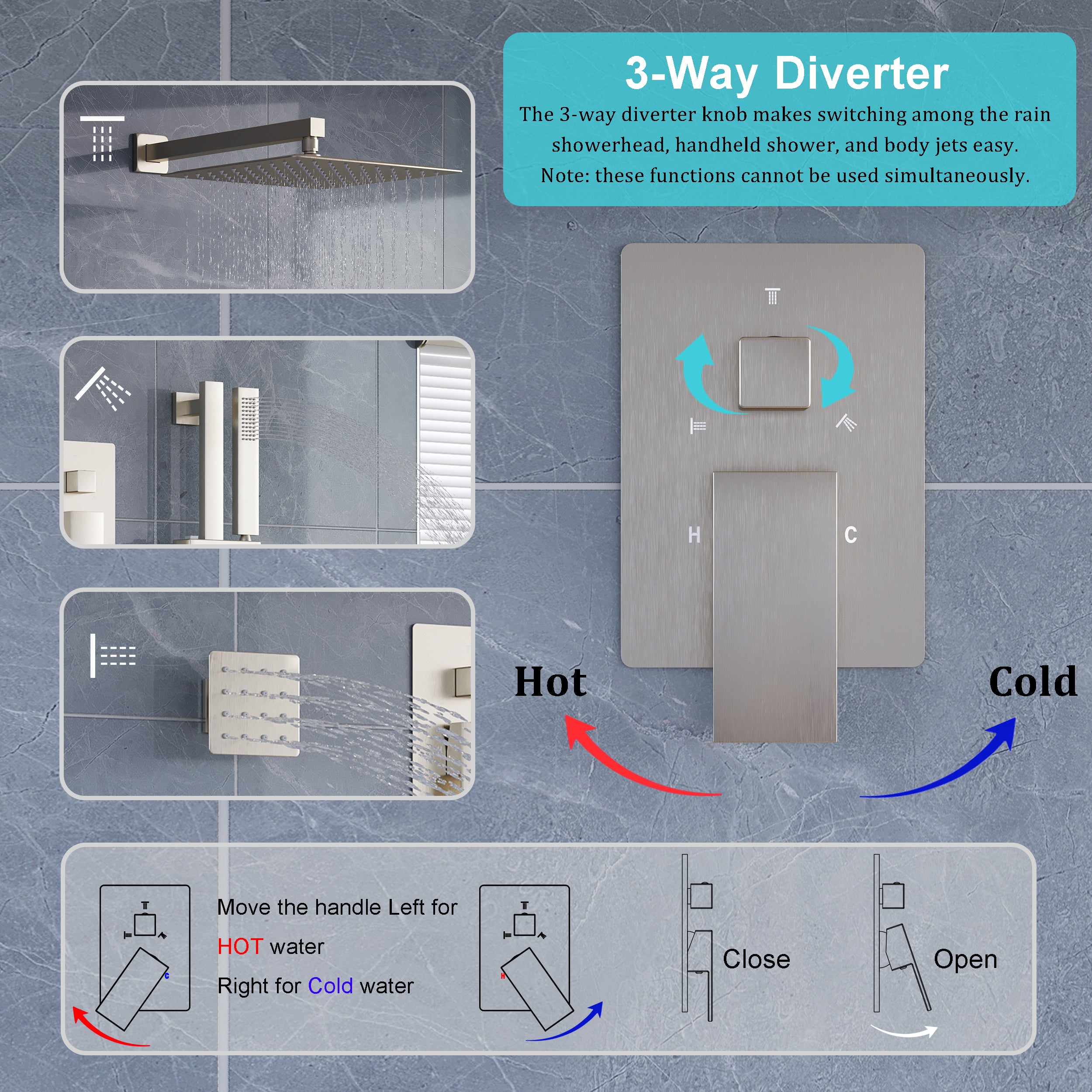3-Function 12-Inch Square Shower System with Rain Head, Sliding Bar & Body Jets, Concealed Pressure Balance Valve, 304 Stainless Steel