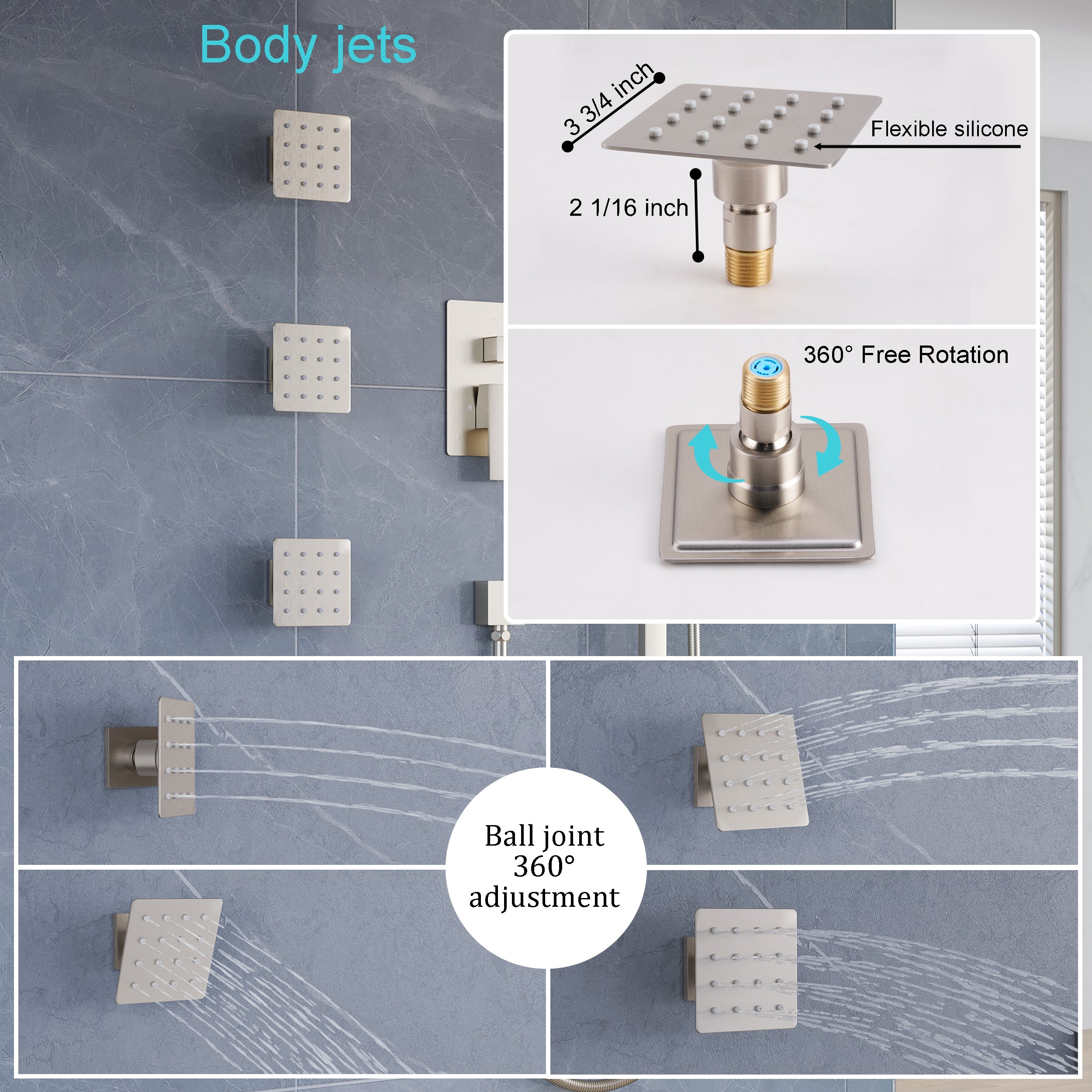 3-Function 12-Inch Square Shower System with Rain Head, Sliding Bar & Body Jets, Concealed Pressure Balance Valve, 304 Stainless Steel