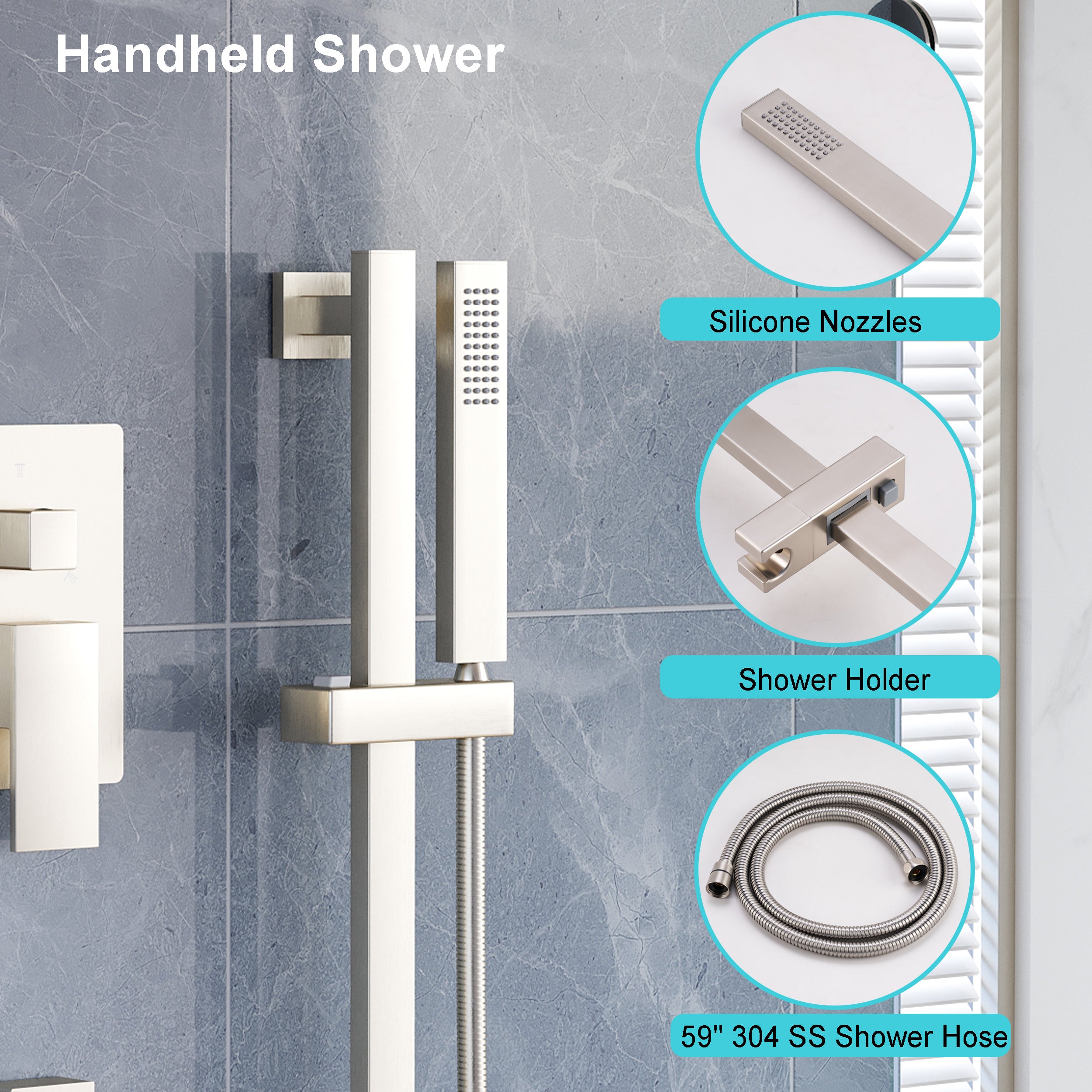 3-Function 12-Inch Square Shower System with Rain Head, Sliding Bar & Body Jets, Concealed Pressure Balance Valve, 304 Stainless Steel