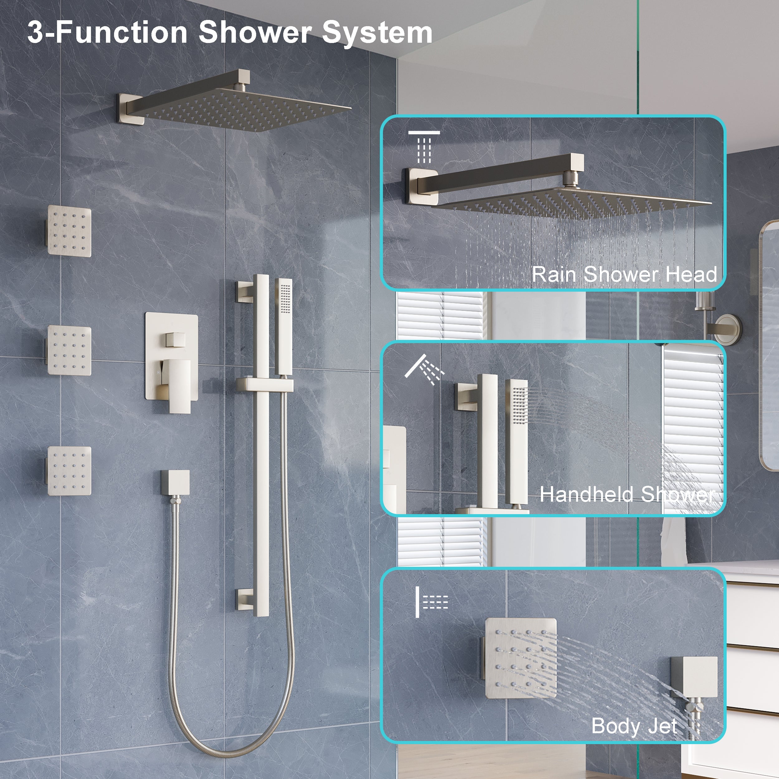 3-Function 12-Inch Square Shower System with Rain Head, Sliding Bar & Body Jets, Concealed Pressure Balance Valve, 304 Stainless Steel