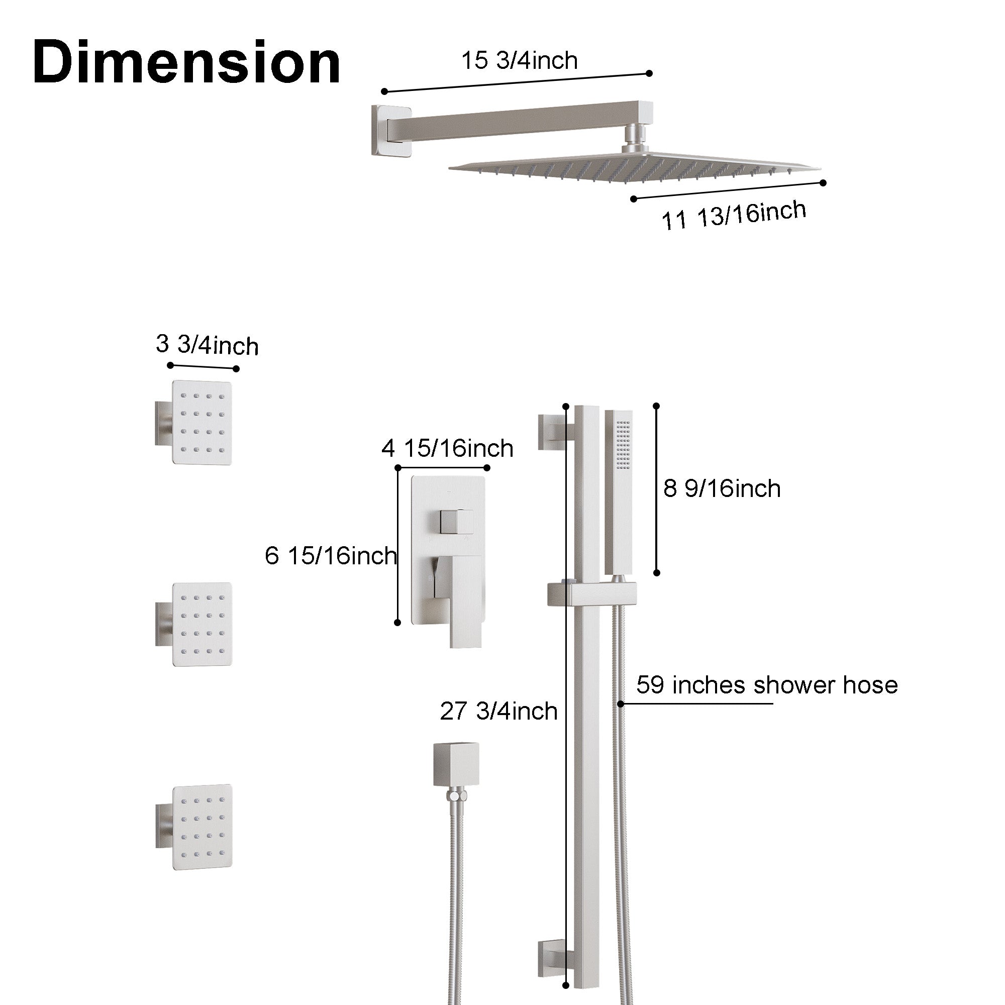3-Function 12-Inch Square Shower System with Rain Head, Sliding Bar & Body Jets, Concealed Pressure Balance Valve, 304 Stainless Steel