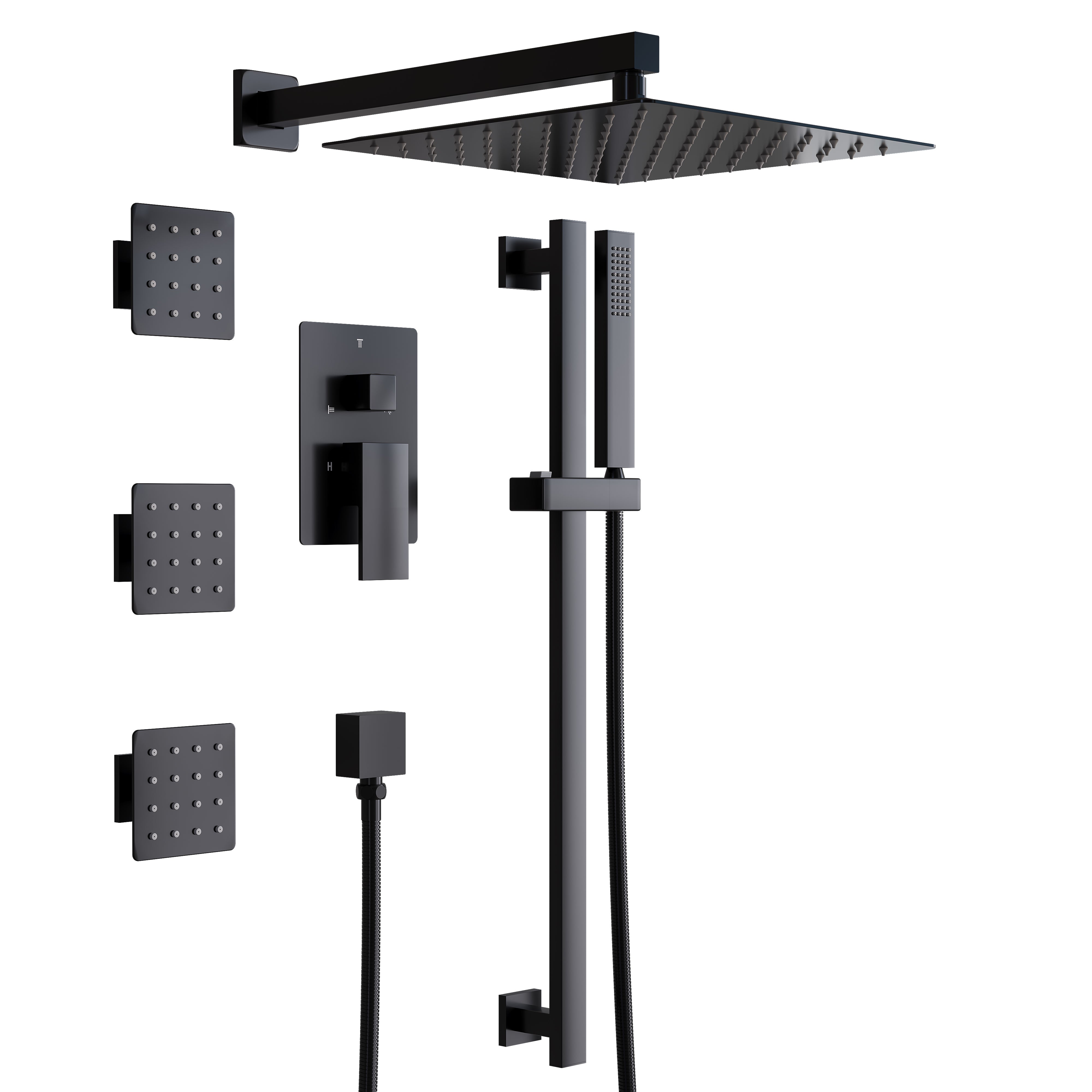 3-Function 12-Inch Square Shower System with Rain Head, Sliding Bar & Body Jets, Concealed Pressure Balance Valve, 304 Stainless Steel