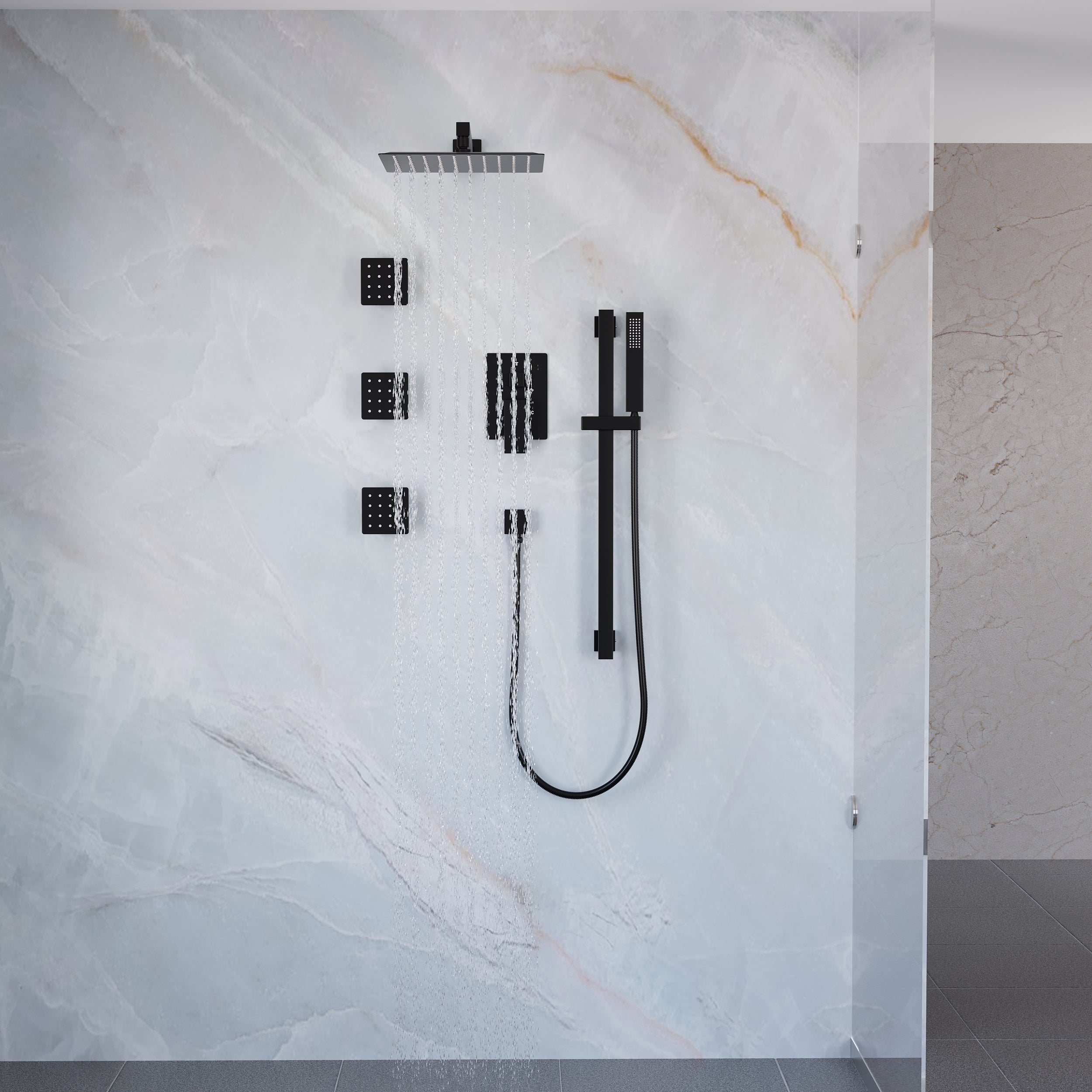 3-Function 12-Inch Square Shower System with Rain Head, Sliding Bar & Body Jets, Concealed Pressure Balance Valve, 304 Stainless Steel
