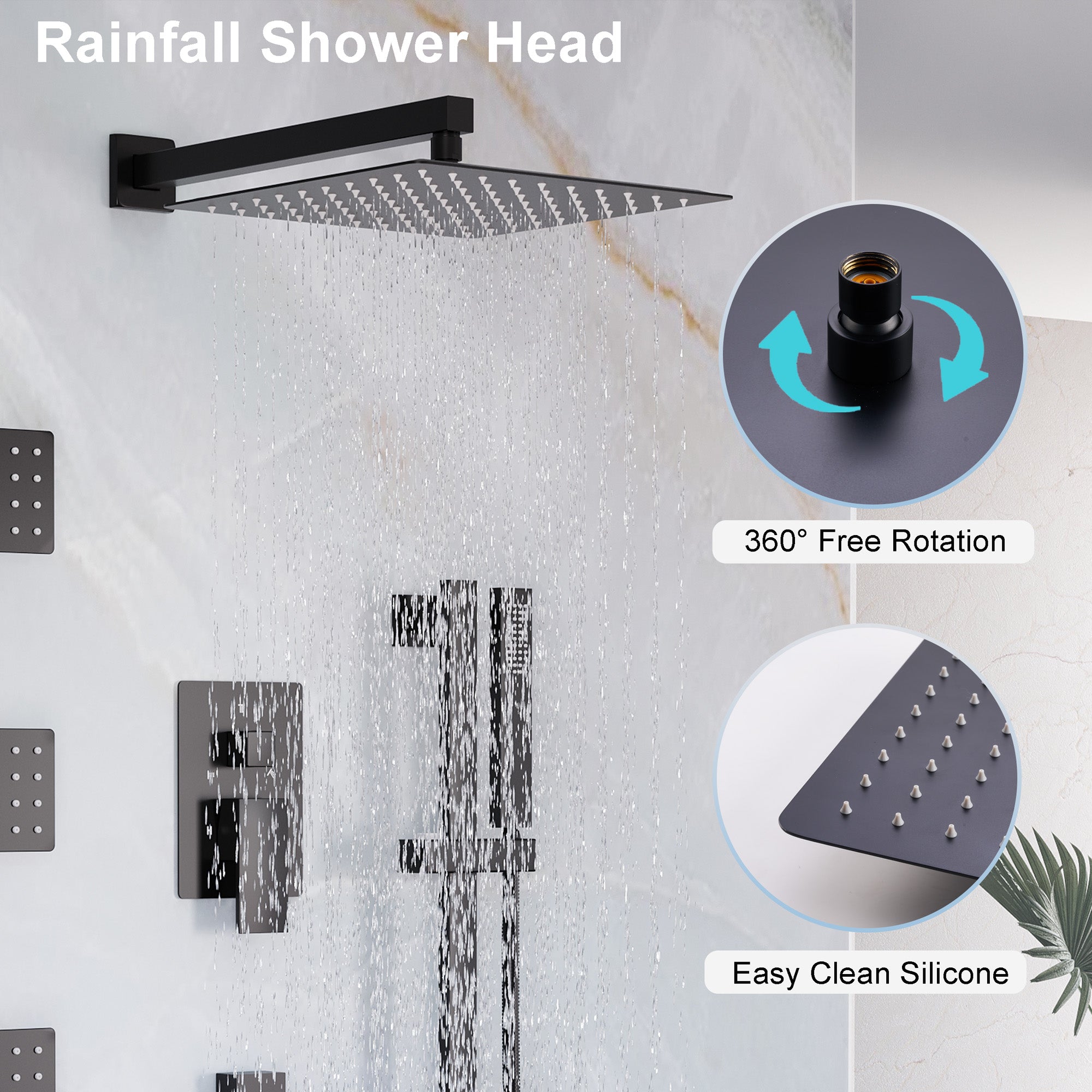 3-Function 12-Inch Square Shower System with Rain Head, Sliding Bar & Body Jets, Concealed Pressure Balance Valve, 304 Stainless Steel