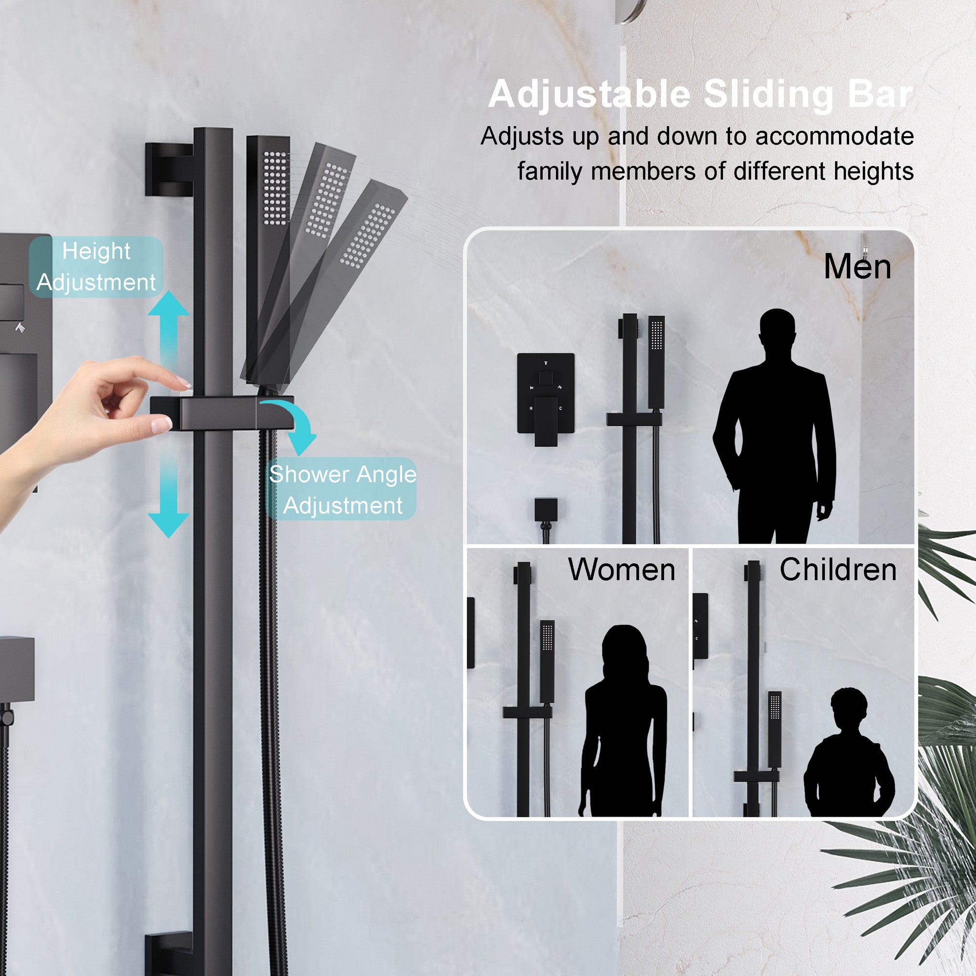 3-Function 12-Inch Square Shower System with Rain Head, Sliding Bar & Body Jets, Concealed Pressure Balance Valve, 304 Stainless Steel
