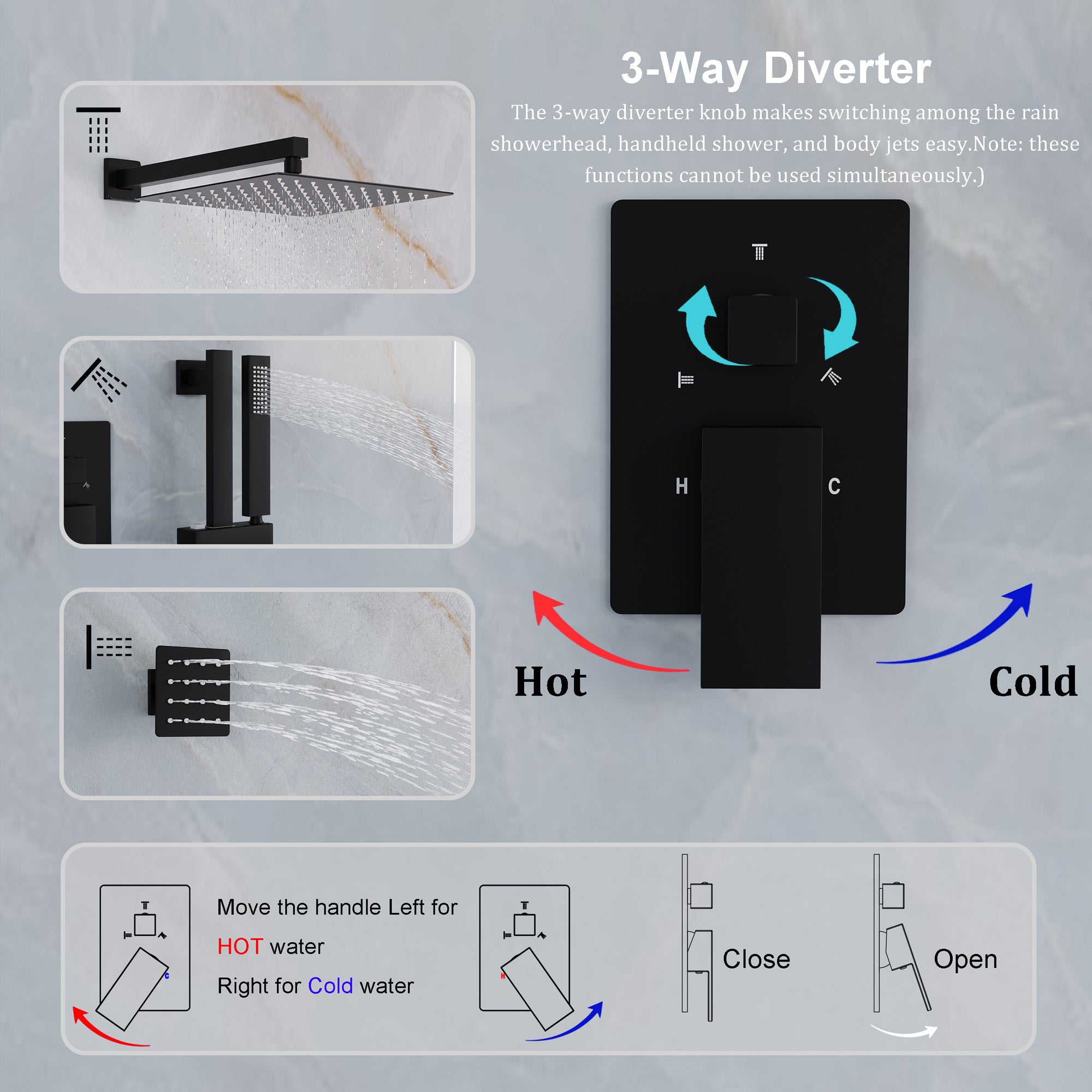 3-Function 12-Inch Square Shower System with Rain Head, Sliding Bar & Body Jets, Concealed Pressure Balance Valve, 304 Stainless Steel