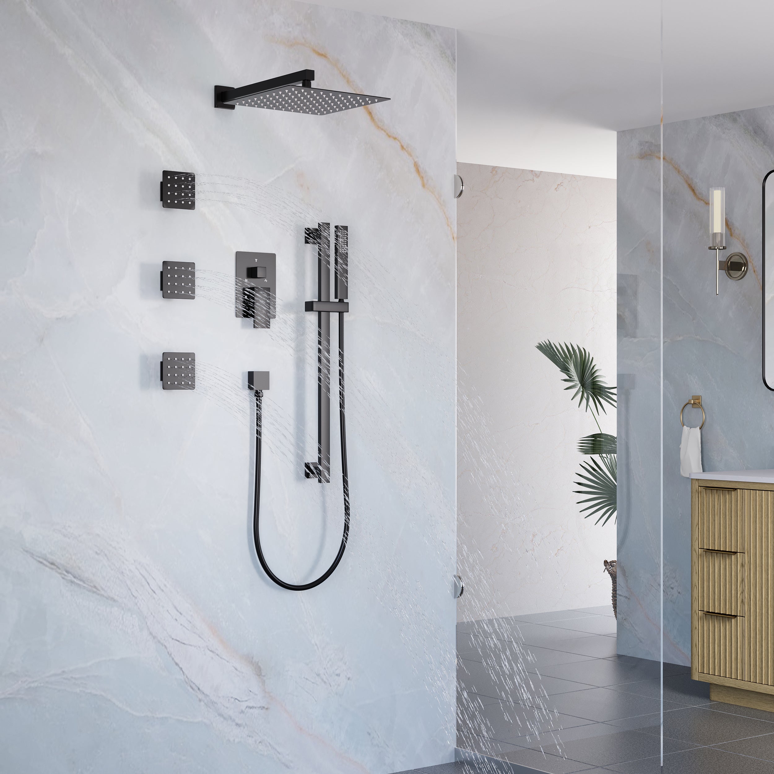 3-Function 12-Inch Square Shower System with Rain Head, Sliding Bar & Body Jets, Concealed Pressure Balance Valve, 304 Stainless Steel