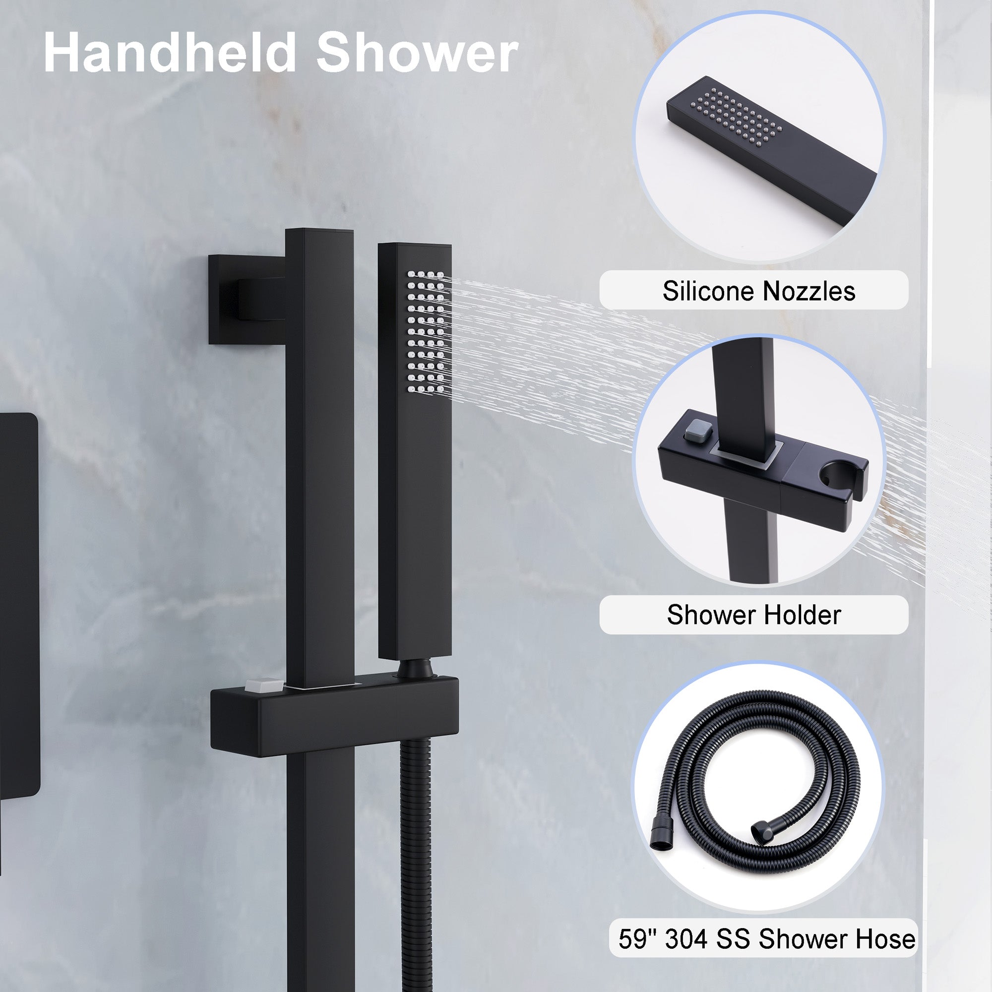 3-Function 12-Inch Square Shower System with Rain Head, Sliding Bar & Body Jets, Concealed Pressure Balance Valve, 304 Stainless Steel