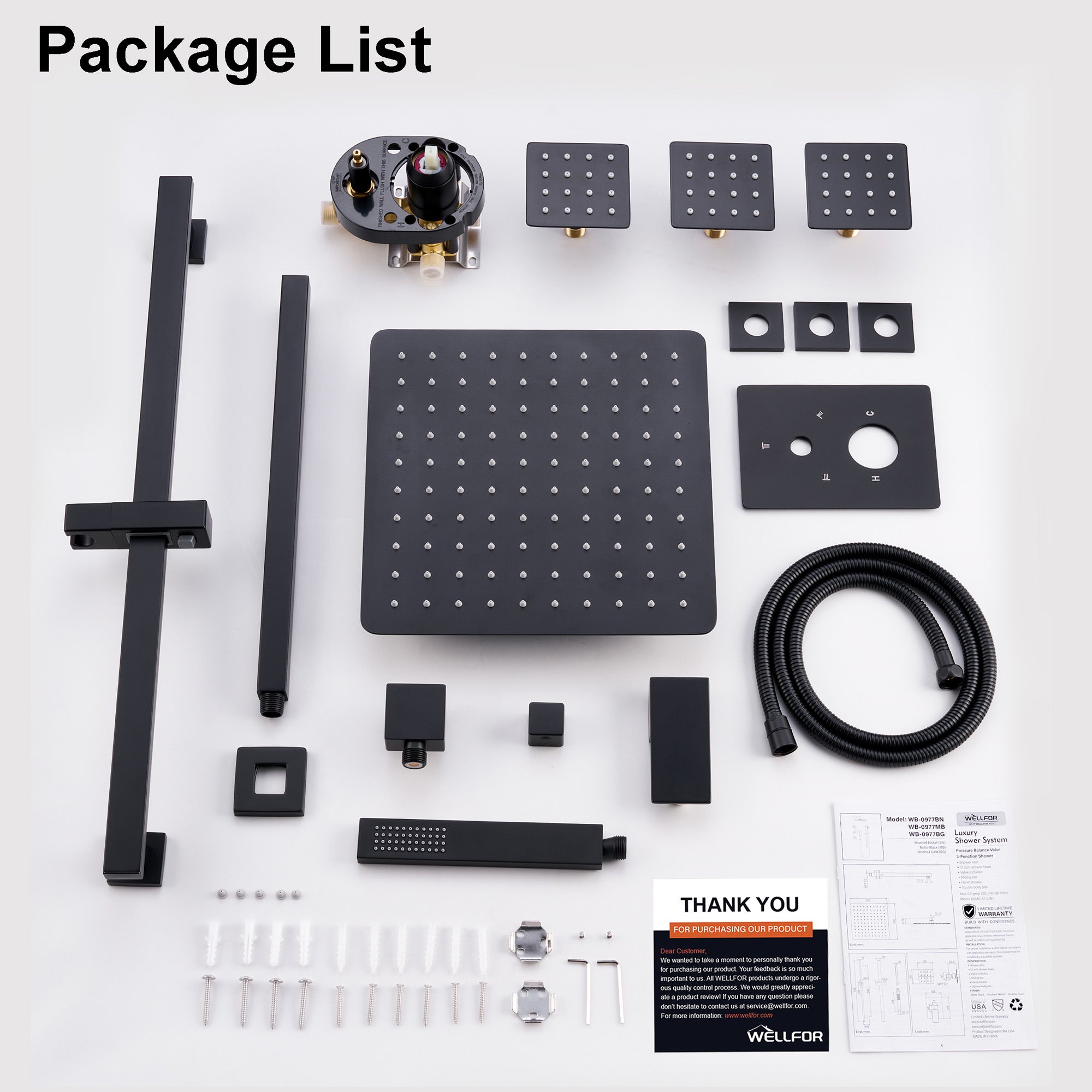 3-Function 12-Inch Square Shower System with Rain Head, Sliding Bar & Body Jets, Concealed Pressure Balance Valve, 304 Stainless Steel