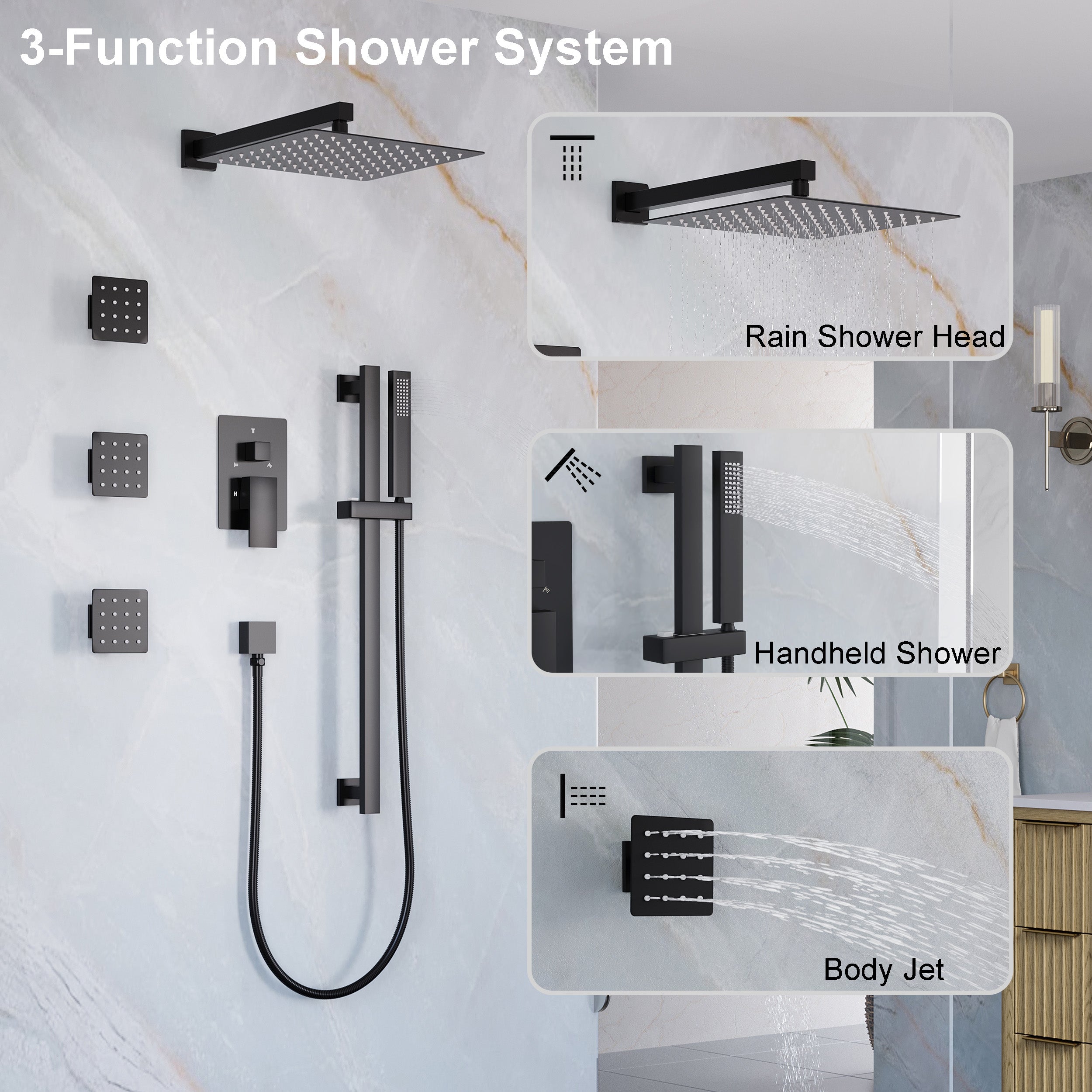 3-Function 12-Inch Square Shower System with Rain Head, Sliding Bar & Body Jets, Concealed Pressure Balance Valve, 304 Stainless Steel