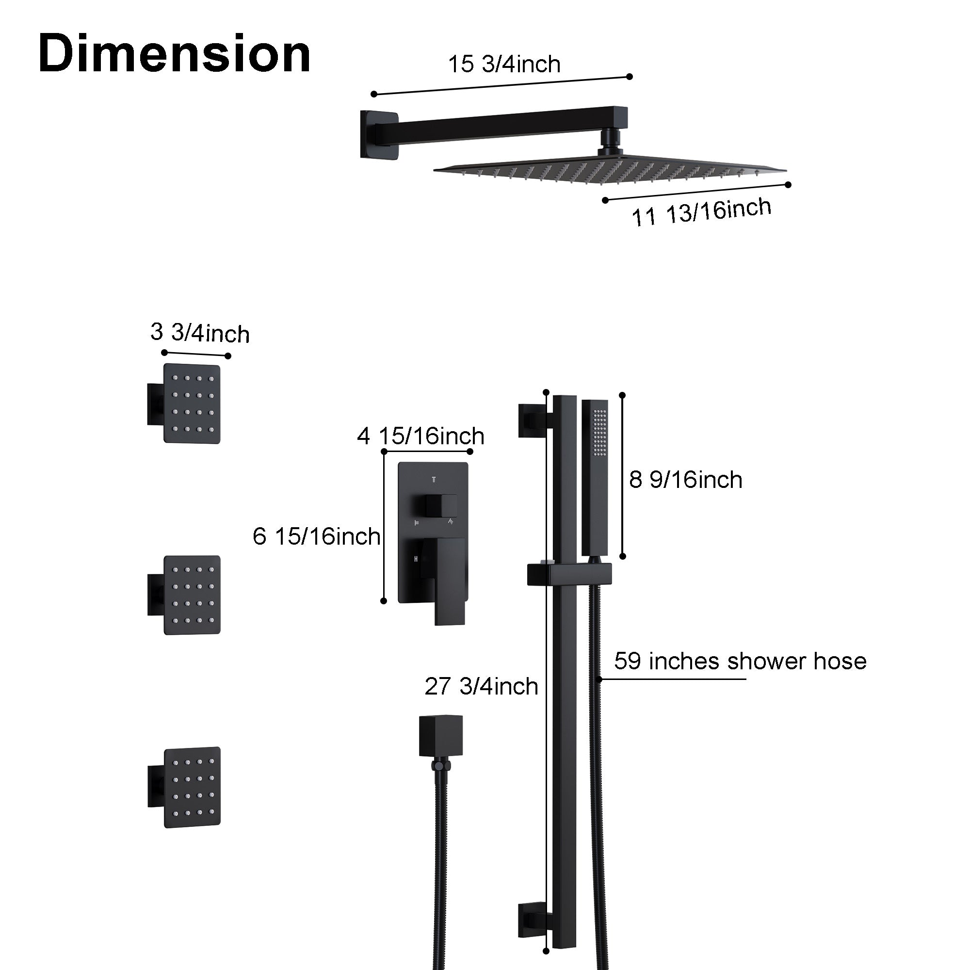 3-Function 12-Inch Square Shower System with Rain Head, Sliding Bar & Body Jets, Concealed Pressure Balance Valve, 304 Stainless Steel