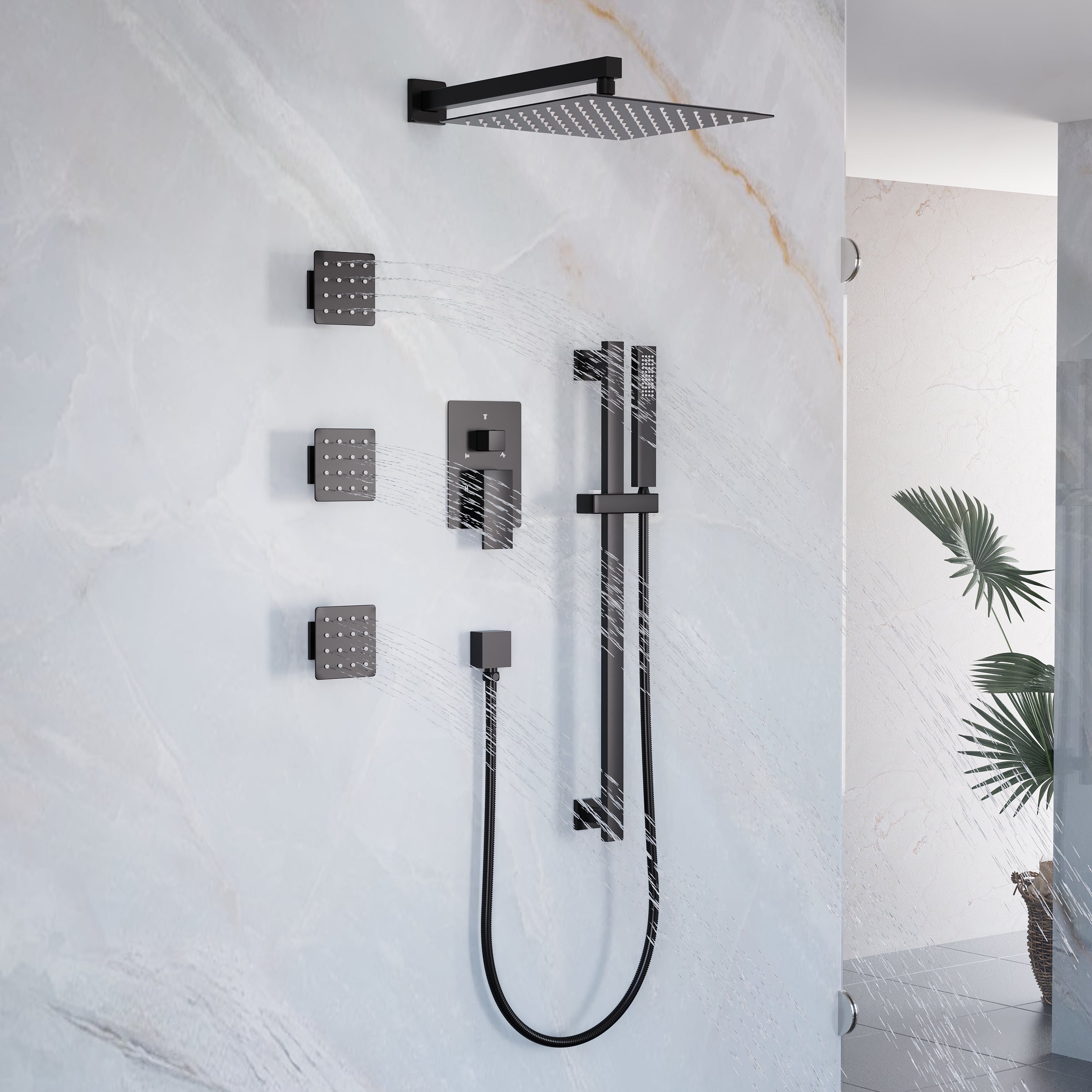 3-Function 12-Inch Square Shower System with Rain Head, Sliding Bar & Body Jets, Concealed Pressure Balance Valve, 304 Stainless Steel