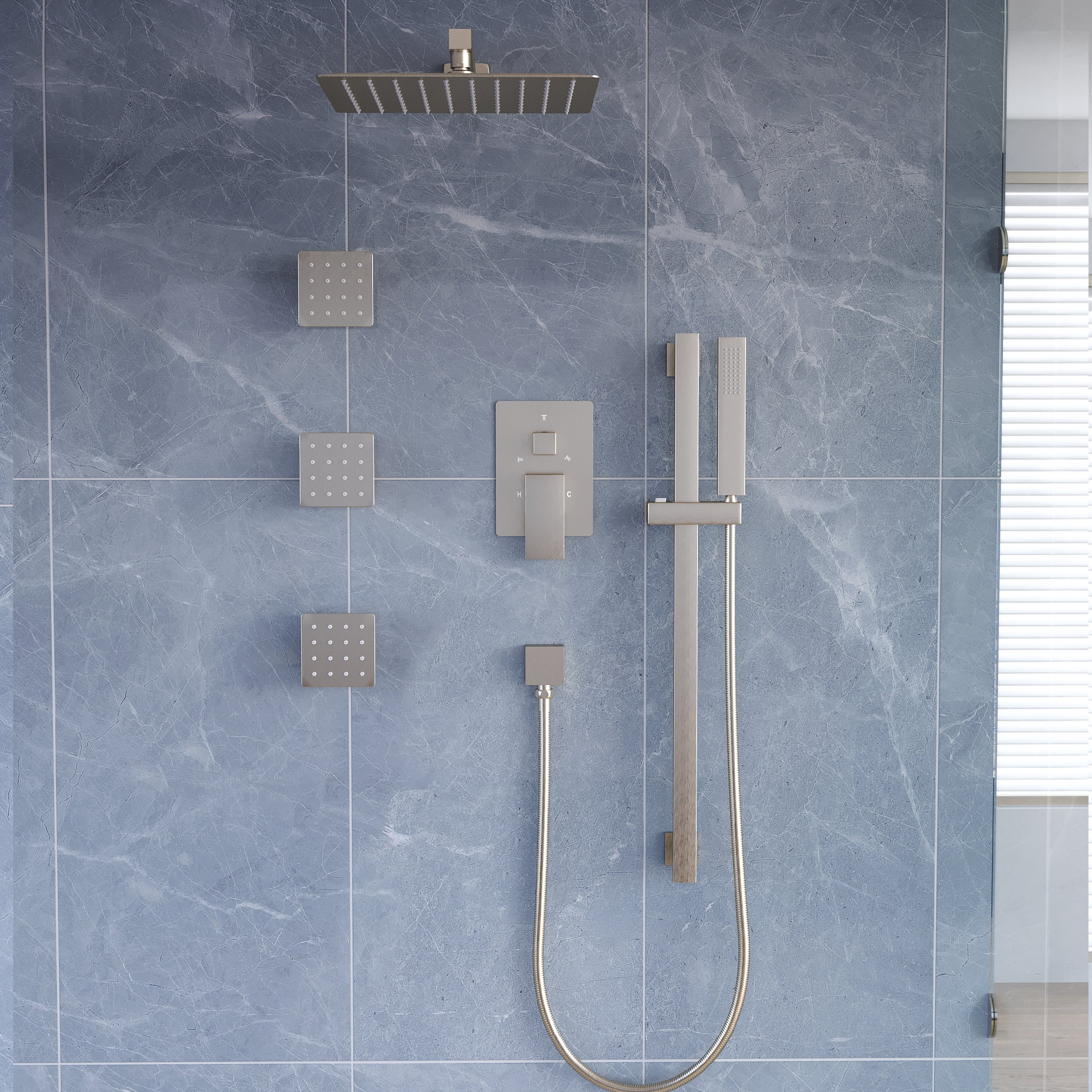 3-Function 12-Inch Square Shower System with Rain Head, Sliding Bar & Body Jets, Concealed Pressure Balance Valve, 304 Stainless Steel