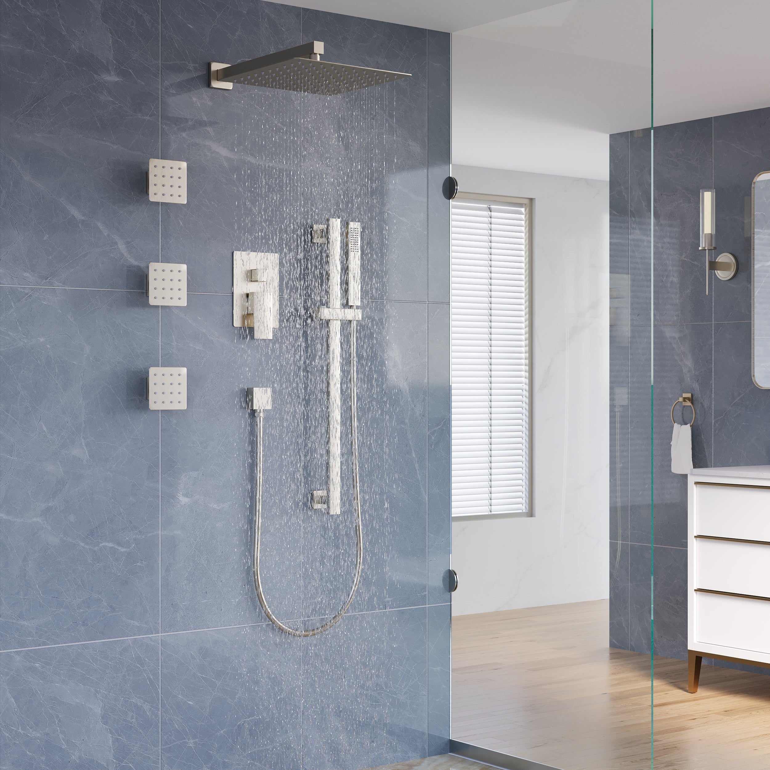 3-Function 12-Inch Square Shower System with Rain Head, Sliding Bar & Body Jets, Concealed Pressure Balance Valve, 304 Stainless Steel
