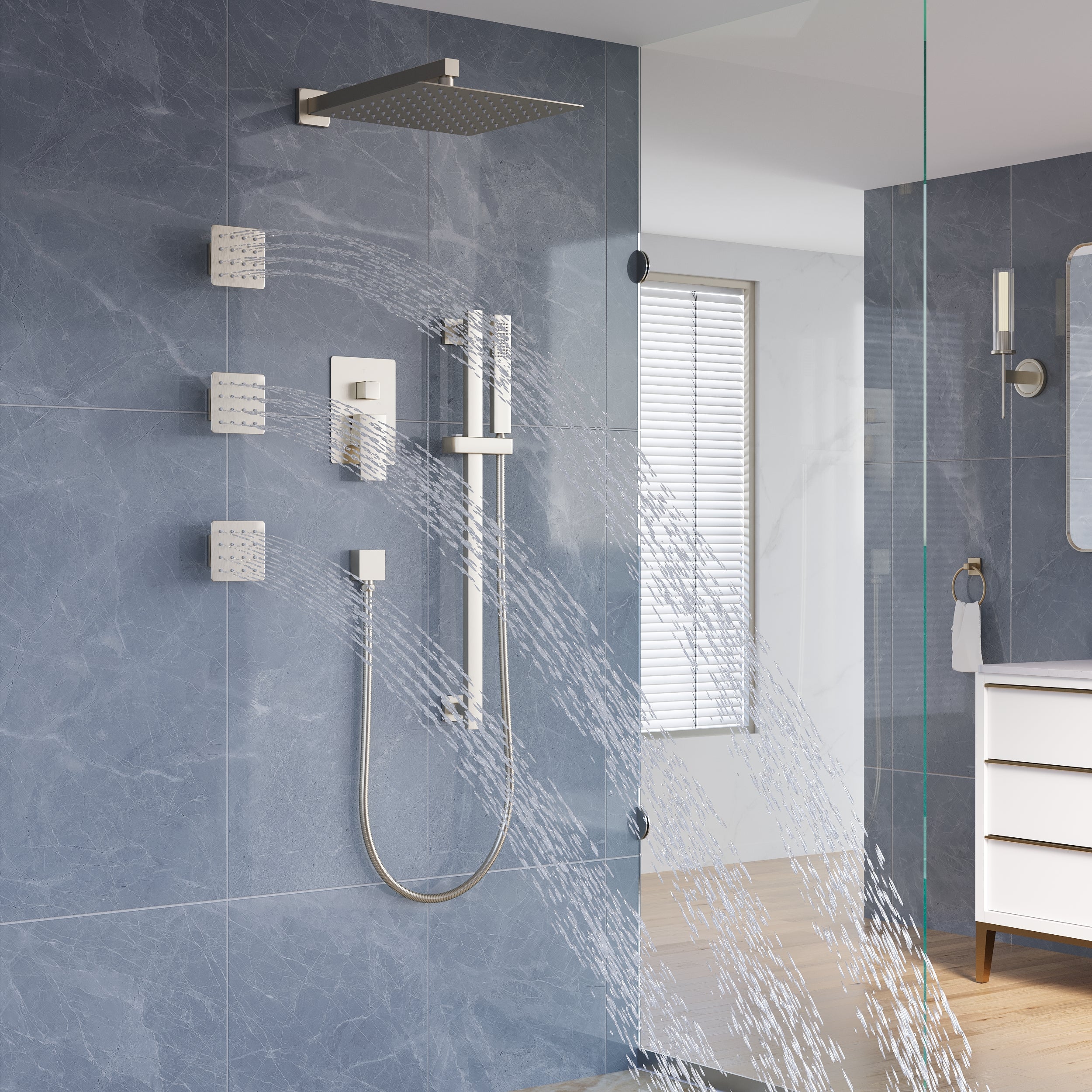 3-Function 12-Inch Square Shower System with Rain Head, Sliding Bar & Body Jets, Concealed Pressure Balance Valve, 304 Stainless Steel