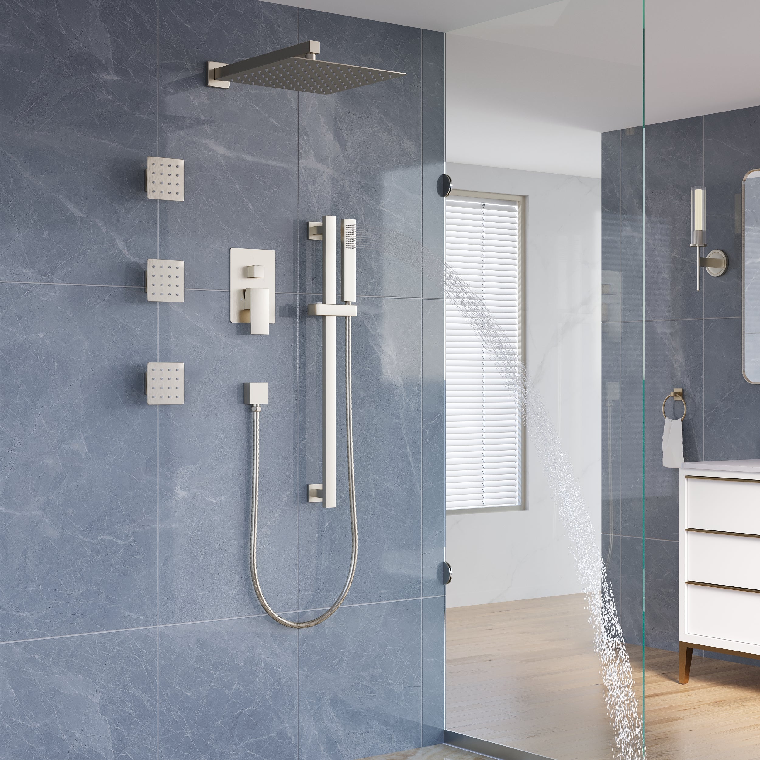 3-Function 12-Inch Square Shower System with Rain Head, Sliding Bar & Body Jets, Concealed Pressure Balance Valve, 304 Stainless Steel