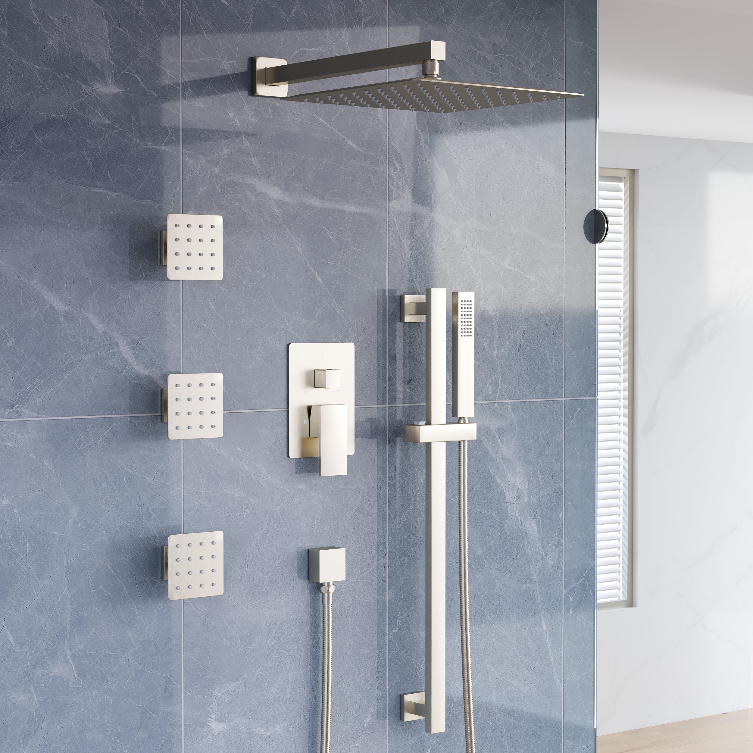 3-Function 12-Inch Square Shower System with Rain Head, Sliding Bar & Body Jets, Concealed Pressure Balance Valve, 304 Stainless Steel