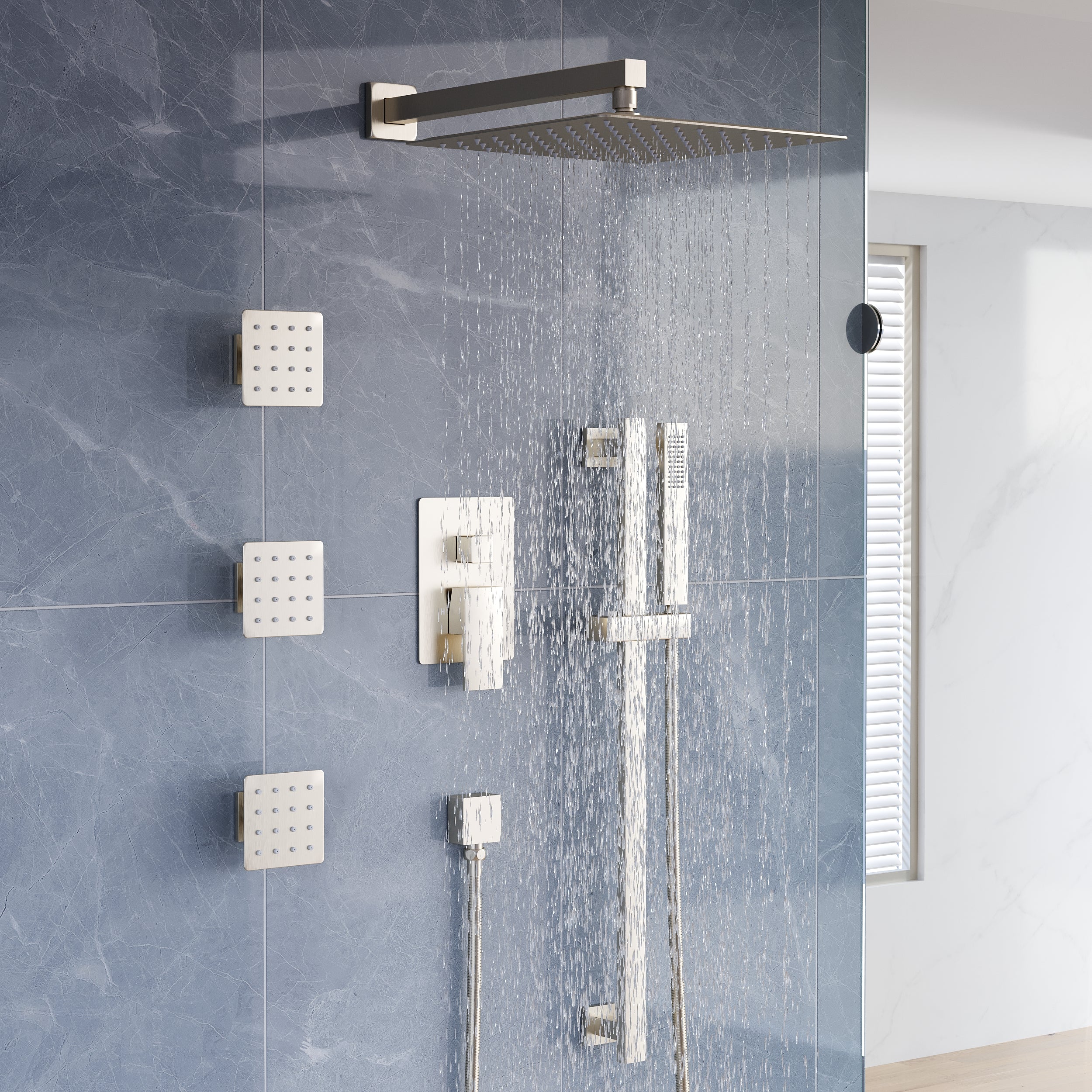 3-Function 12-Inch Square Shower System with Rain Head, Sliding Bar & Body Jets, Concealed Pressure Balance Valve, 304 Stainless Steel