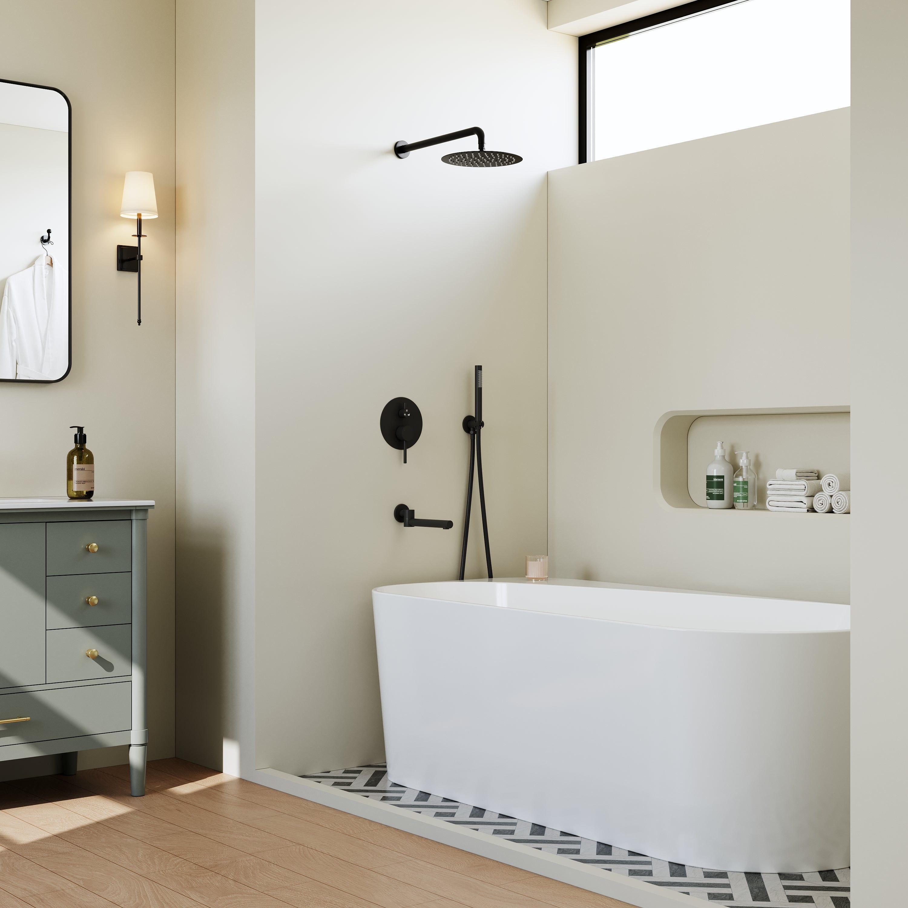 3-Function Shower System with 10-Inch Rain Shower Head, Adjustable Tub Spout, Hand shower, 304 SS