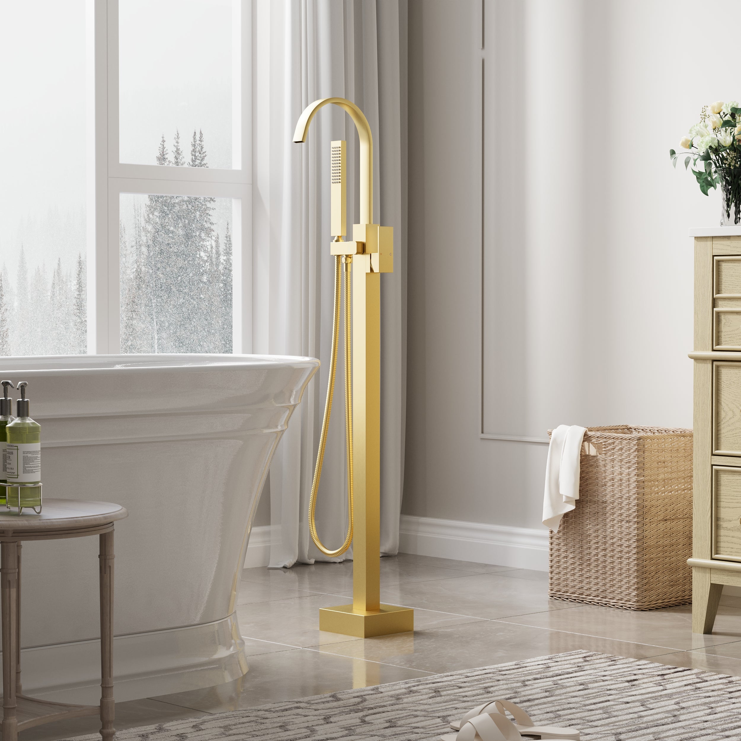 Single Handle Floor Standing Freestanding Bathtub Faucet with Hand Shower