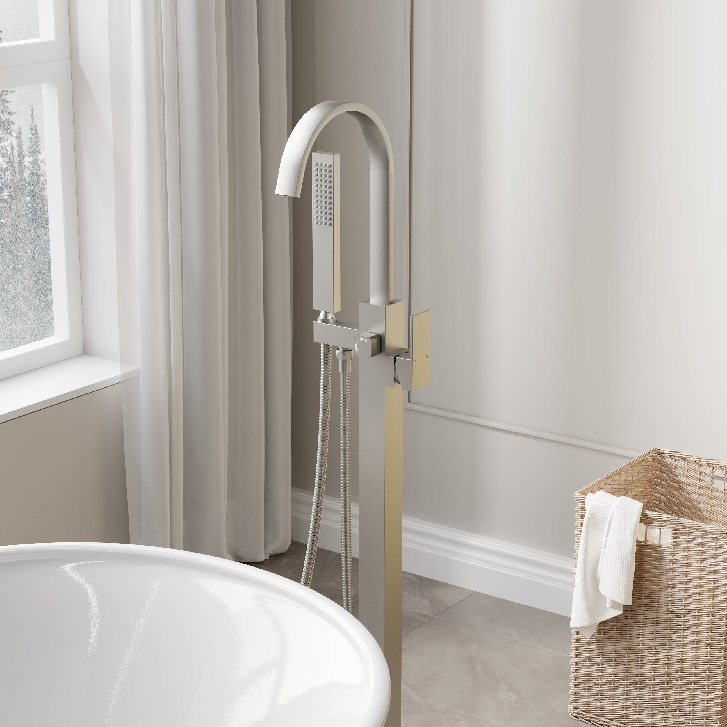 Single Handle Floor Standing Freestanding Bathtub Faucet with Hand Shower