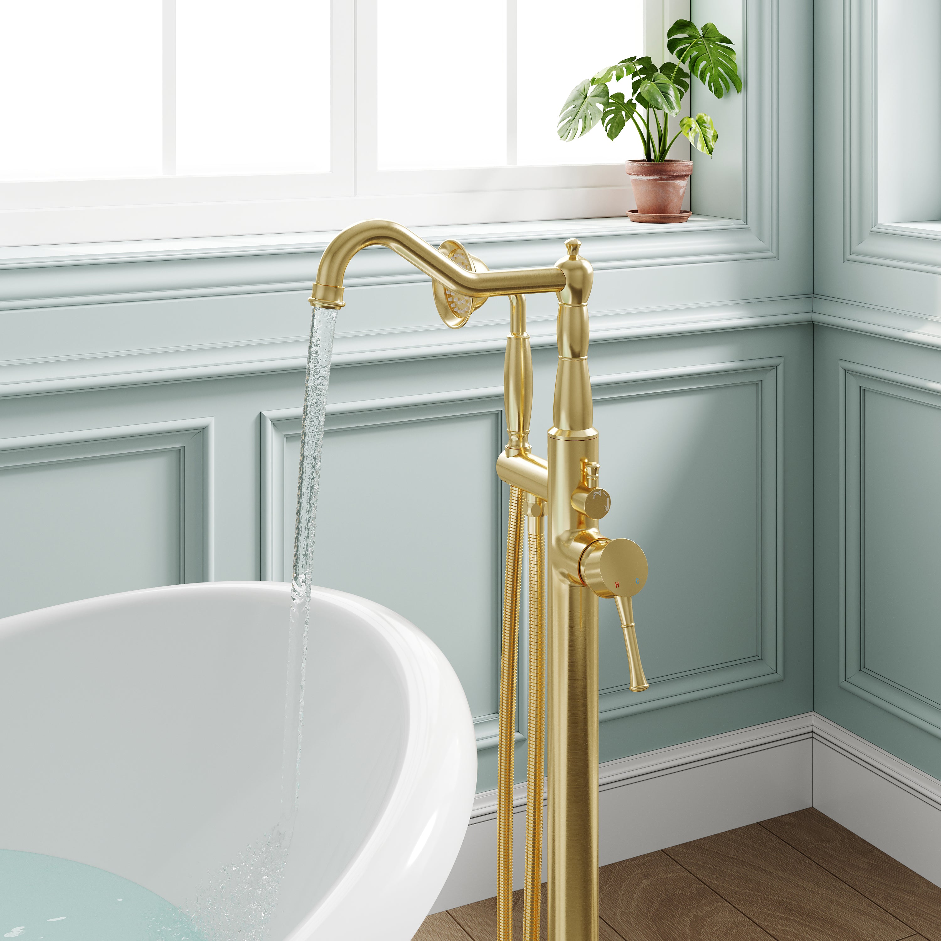 Freestanding Floor Mount Tub Faucet with 360° Swivel Spout, Brass Body & SUS304 Hand Shower